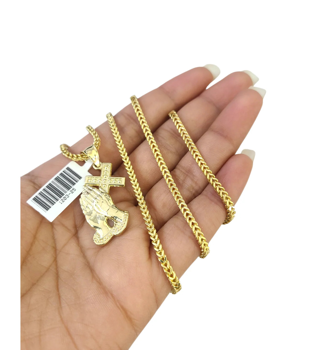 10k Gold Franco Chain Praying Hands Cross Pendant Necklace SET 2.5mm 18"-26" - Image 2