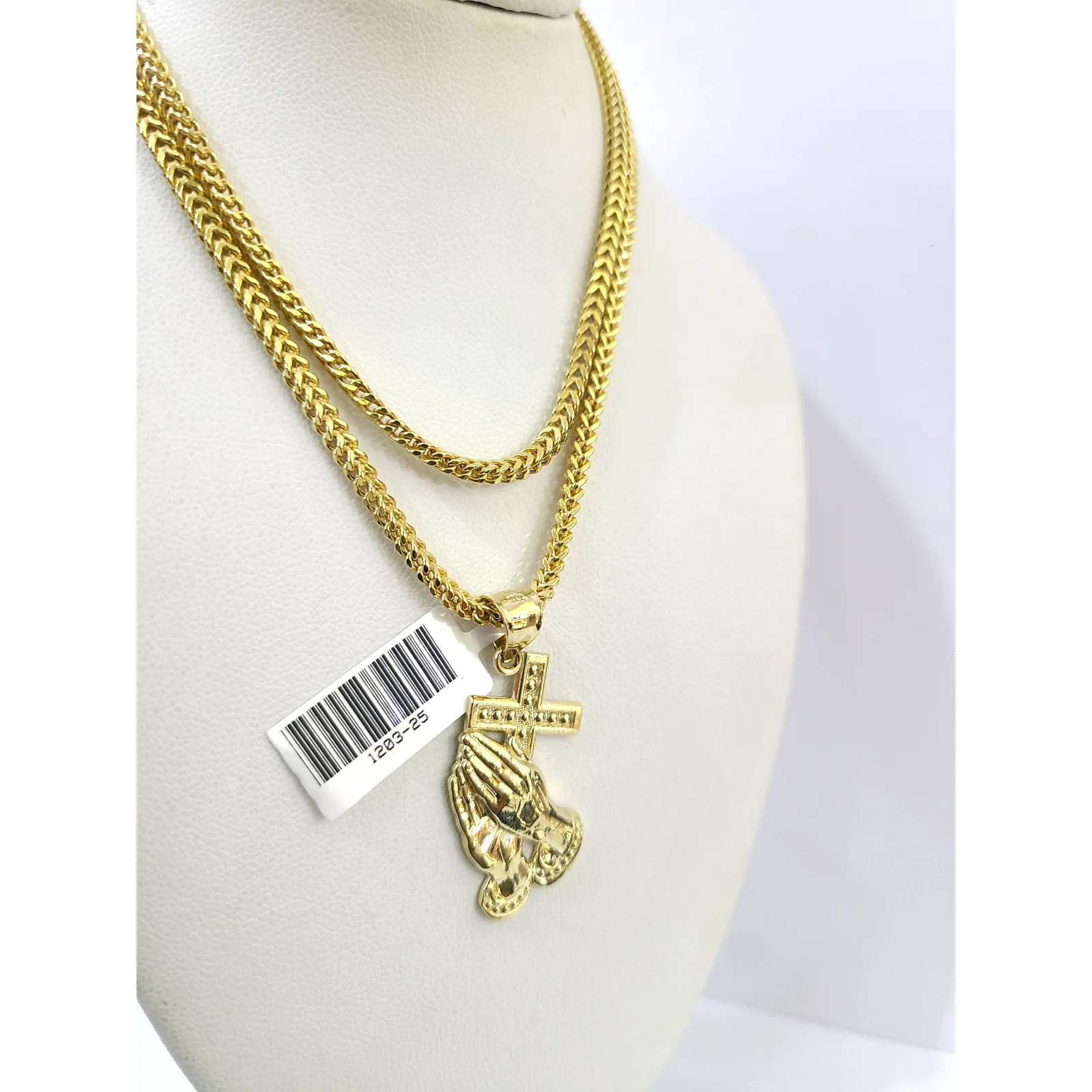 10k Gold Franco Chain Praying Hands Cross Pendant Necklace SET 2.5mm 18"-26" - Image 7
