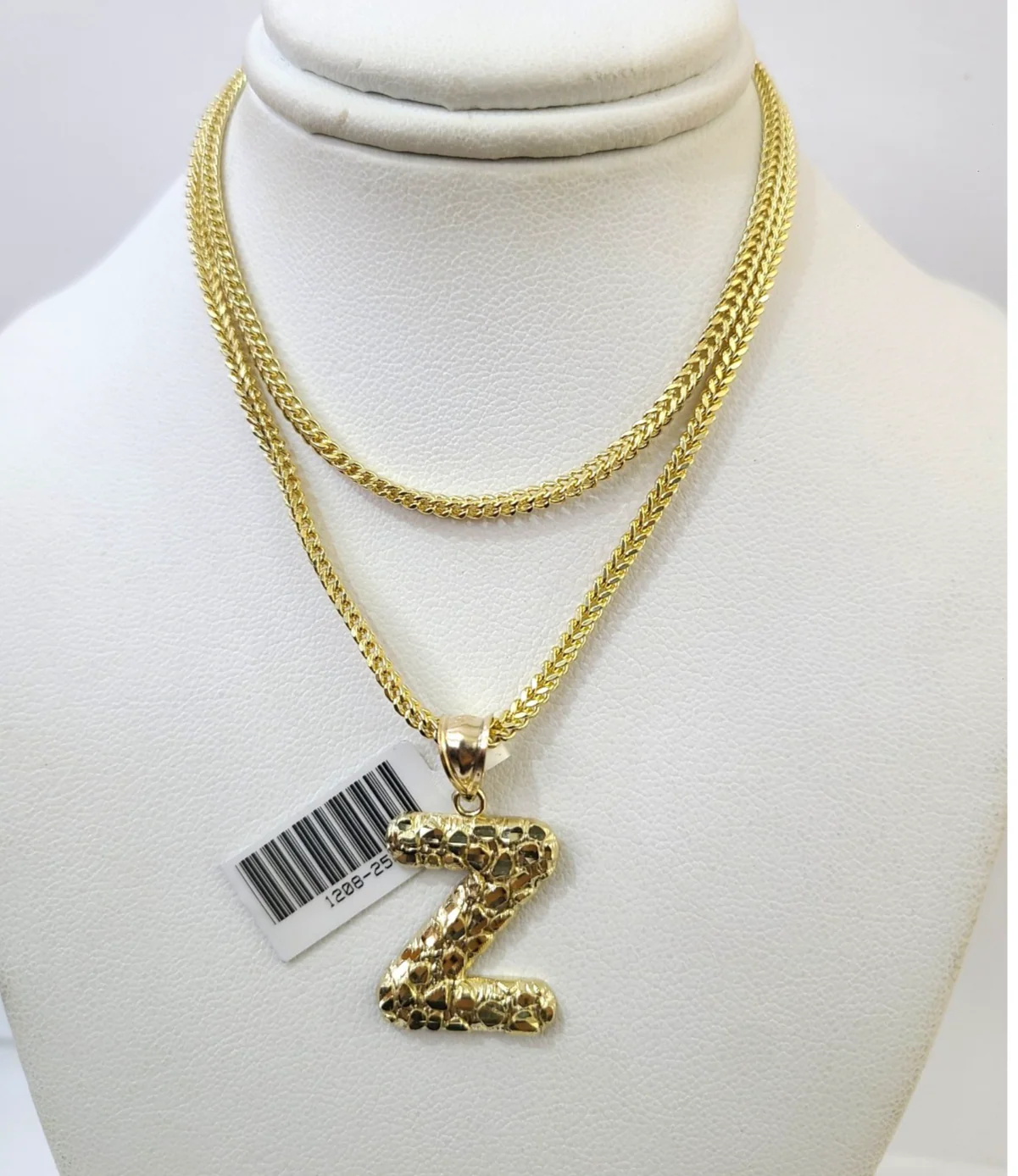 10k Gold Franco Chain Z Nugget Initial Charm Pendant Necklace SET 2.5mm 16"-26" - Image 2