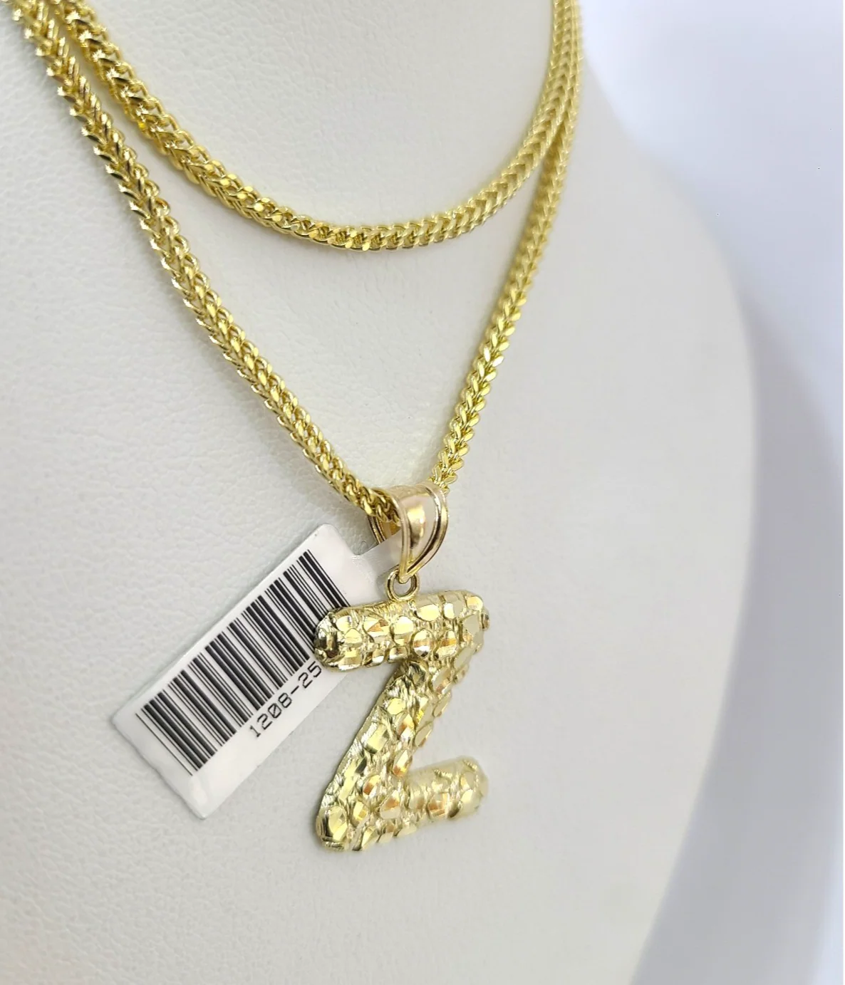10k Gold Franco Chain Z Nugget Initial Charm Pendant Necklace SET 2.5mm 16"-26" - Image 7