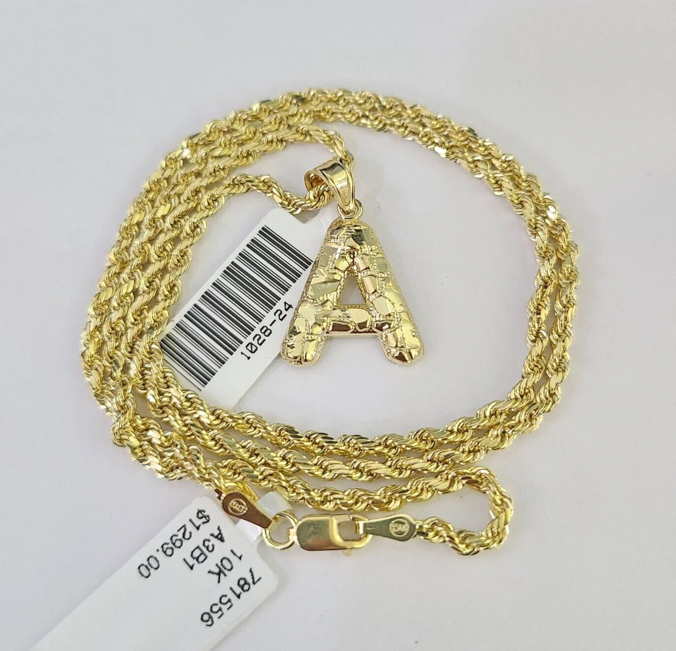 10k Gold Initial A Charm Rope Chain 16"-26" 2.5mm SET Necklace Alphabet Pendant - Image 5