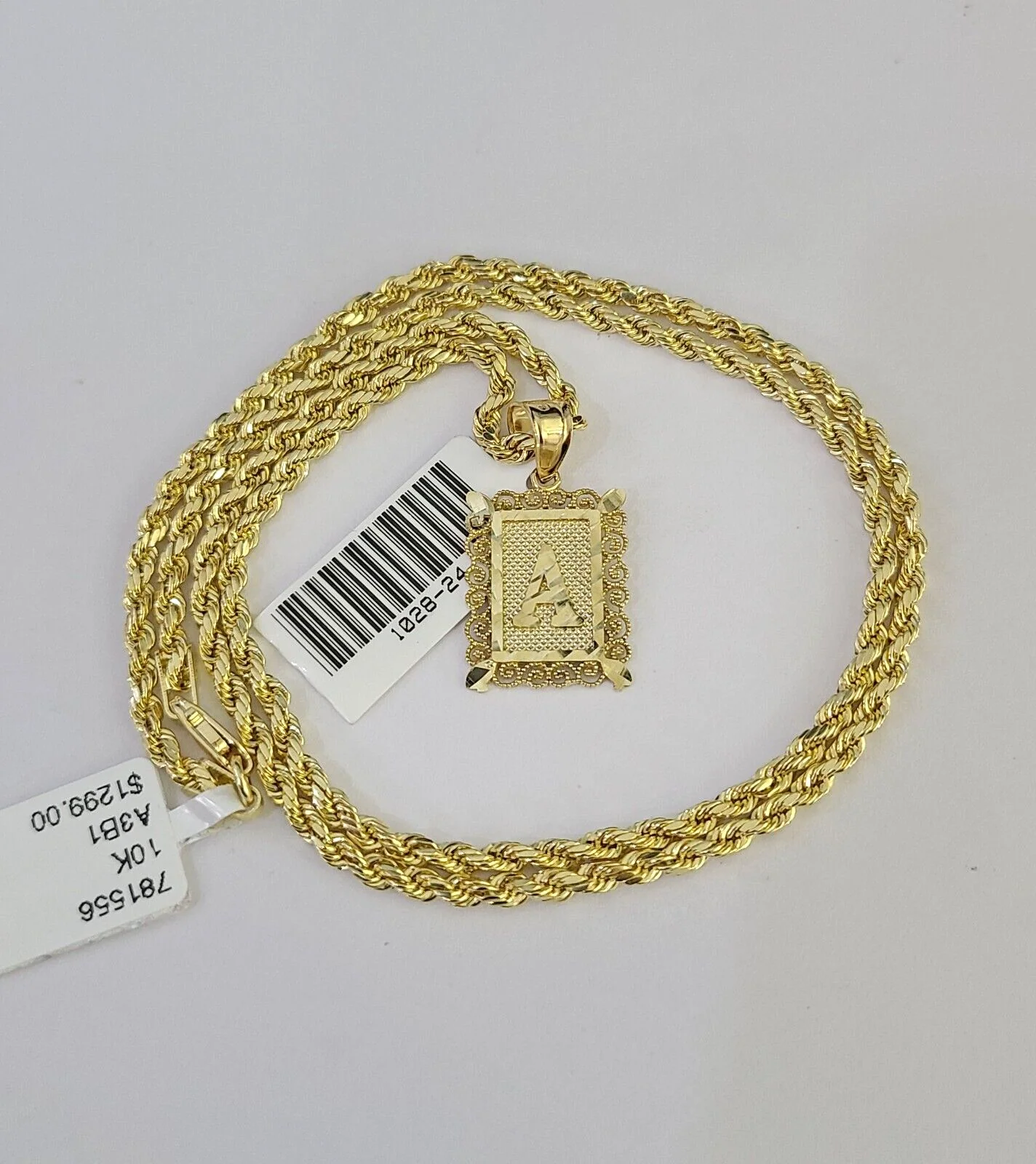 10k Gold Initial A Charm Rope Chain 16"-26" 2.5mm SET Necklace Alphabet Pendant - Image 3
