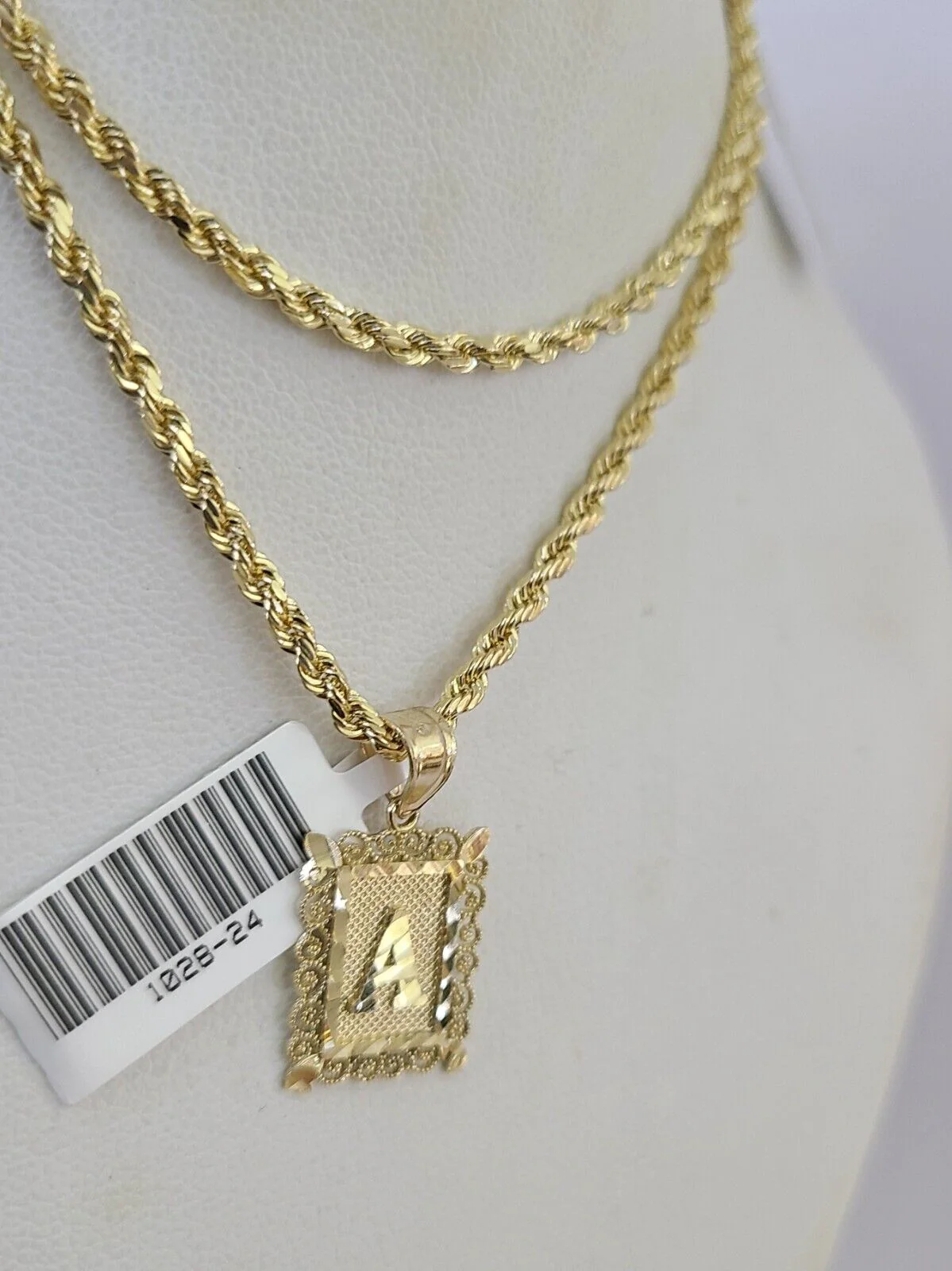 10k Gold Initial A Charm Rope Chain 16"-26" 2.5mm SET Necklace Alphabet Pendant - Image 7