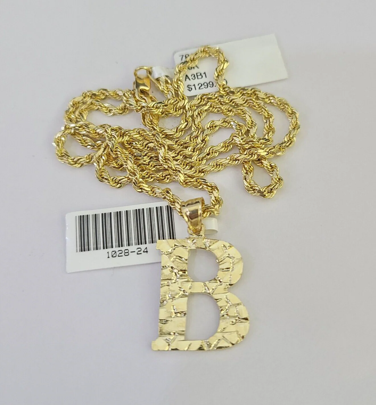 10k Gold Initial B Charm Rope Chain 16"-26" 2.5mm SET Necklace Alphabet Pendant - Image 2