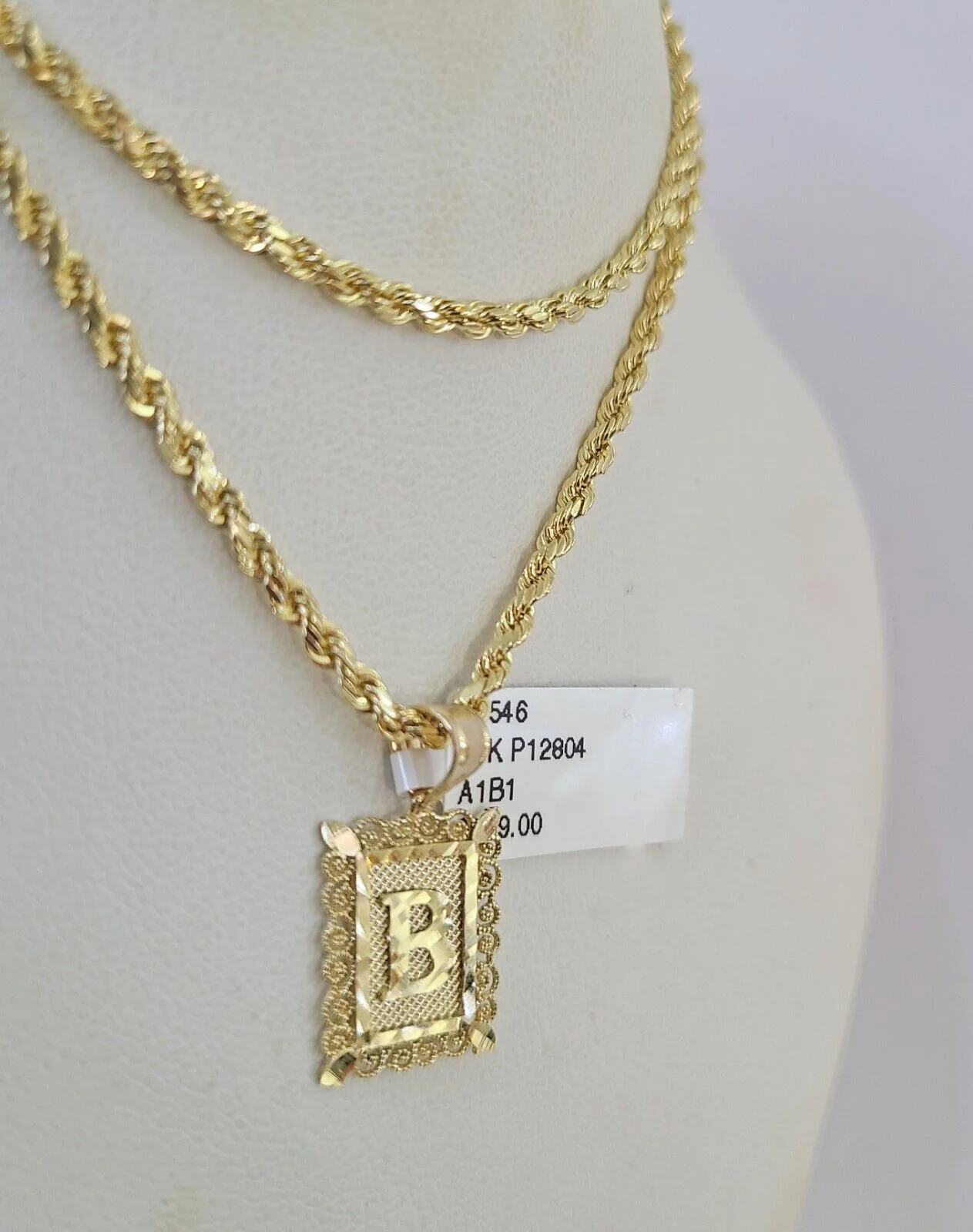 10k Gold Initial B Charm Rope Chain 16"-26" 2.5mm SET Necklace Alphabet Pendant - Image 7