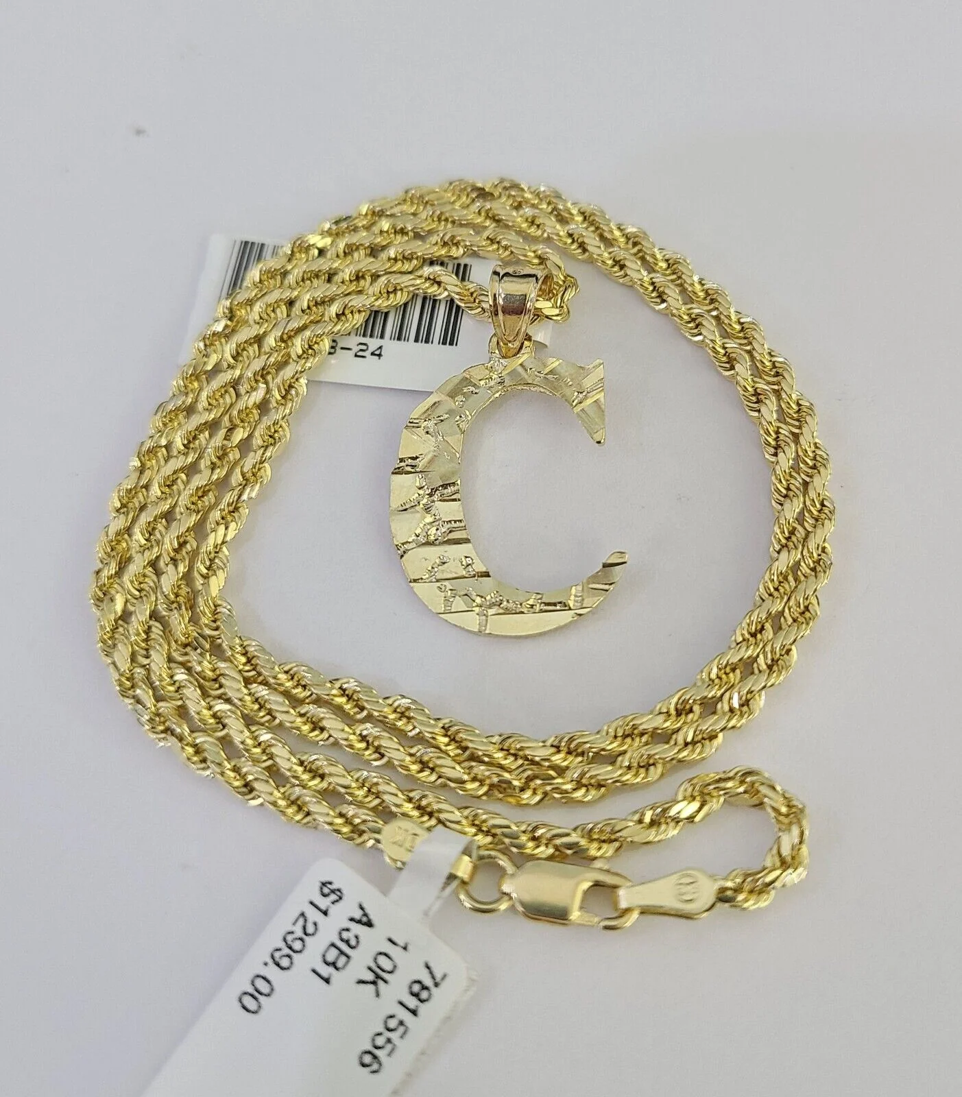 10k Gold Initial C Charm Rope Chain 16"-26" 2.5mm SET Necklace Alphabet Pendant - Image 3
