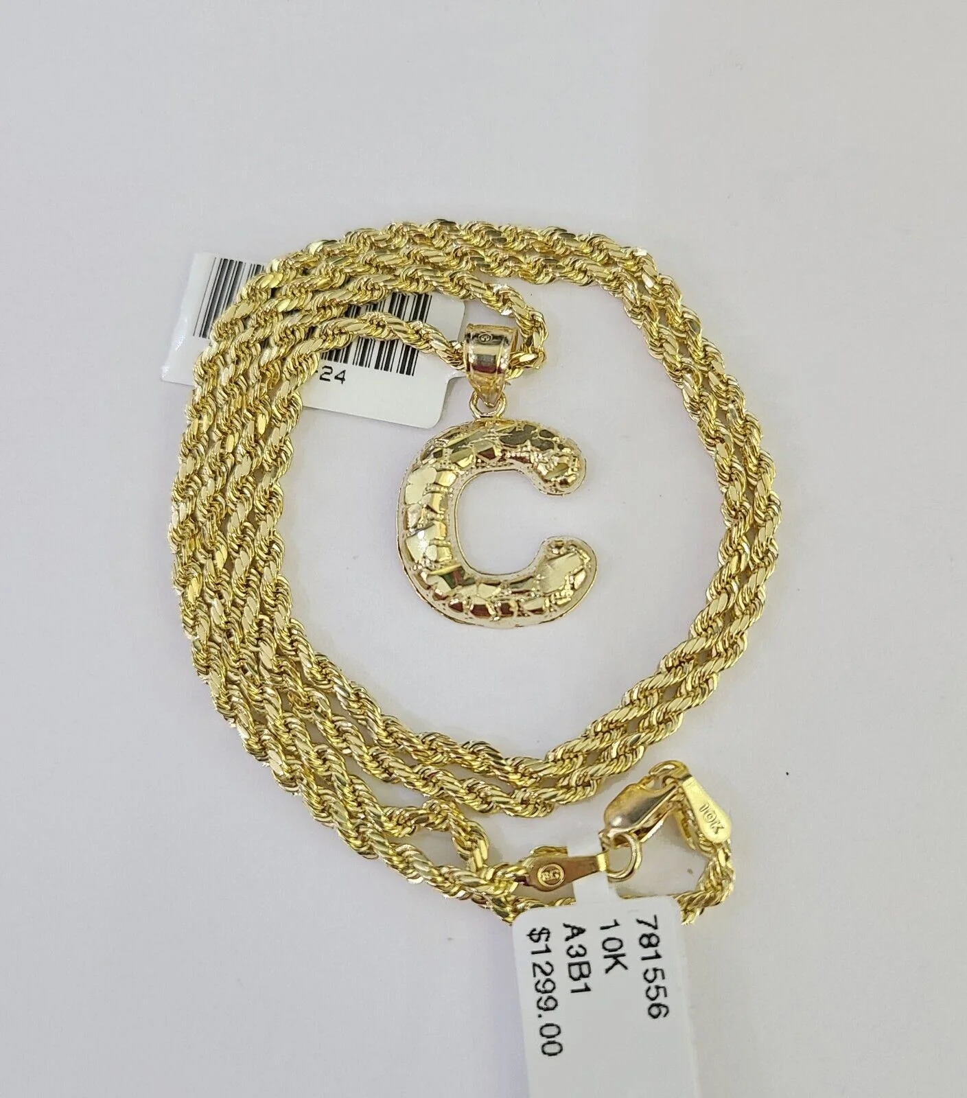 10k Gold Initial C Charm Rope Chain 16"-26" 2.5mm SET Necklace Alphabet Pendant - Image 2