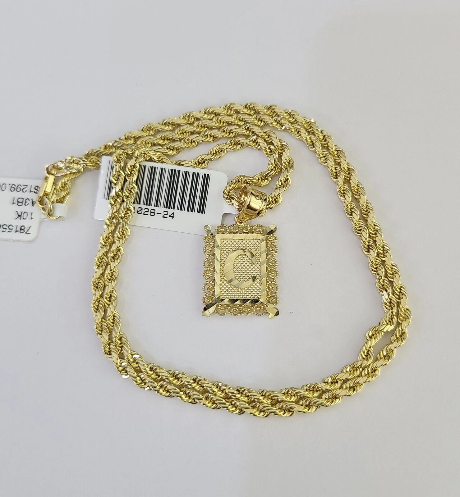 10k Gold Initial C Charm Rope Chain 16"-26" 2.5mm SET Necklace Alphabet Pendant - Image 3