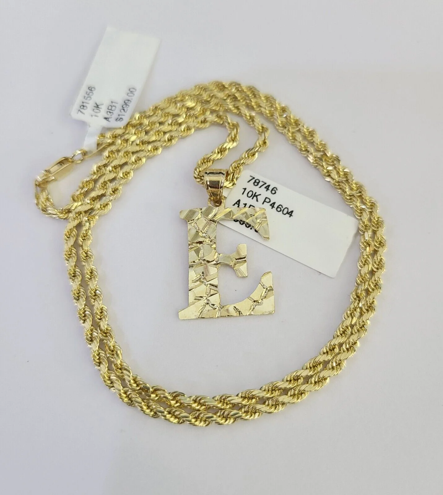 10k Gold Initial E Charm Rope Chain 16"-26" 2.5mm SET Necklace Alphabet Pendant - Image 3