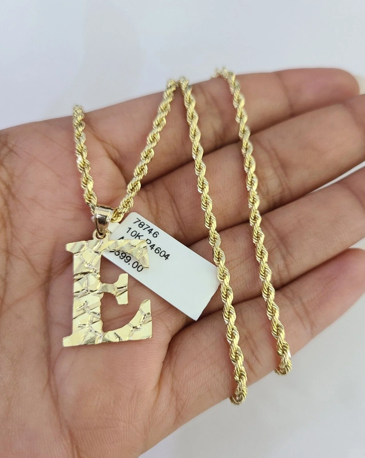 10k Gold Initial E Charm Rope Chain 16"-26" 2.5mm SET Necklace Alphabet Pendant - Image 5