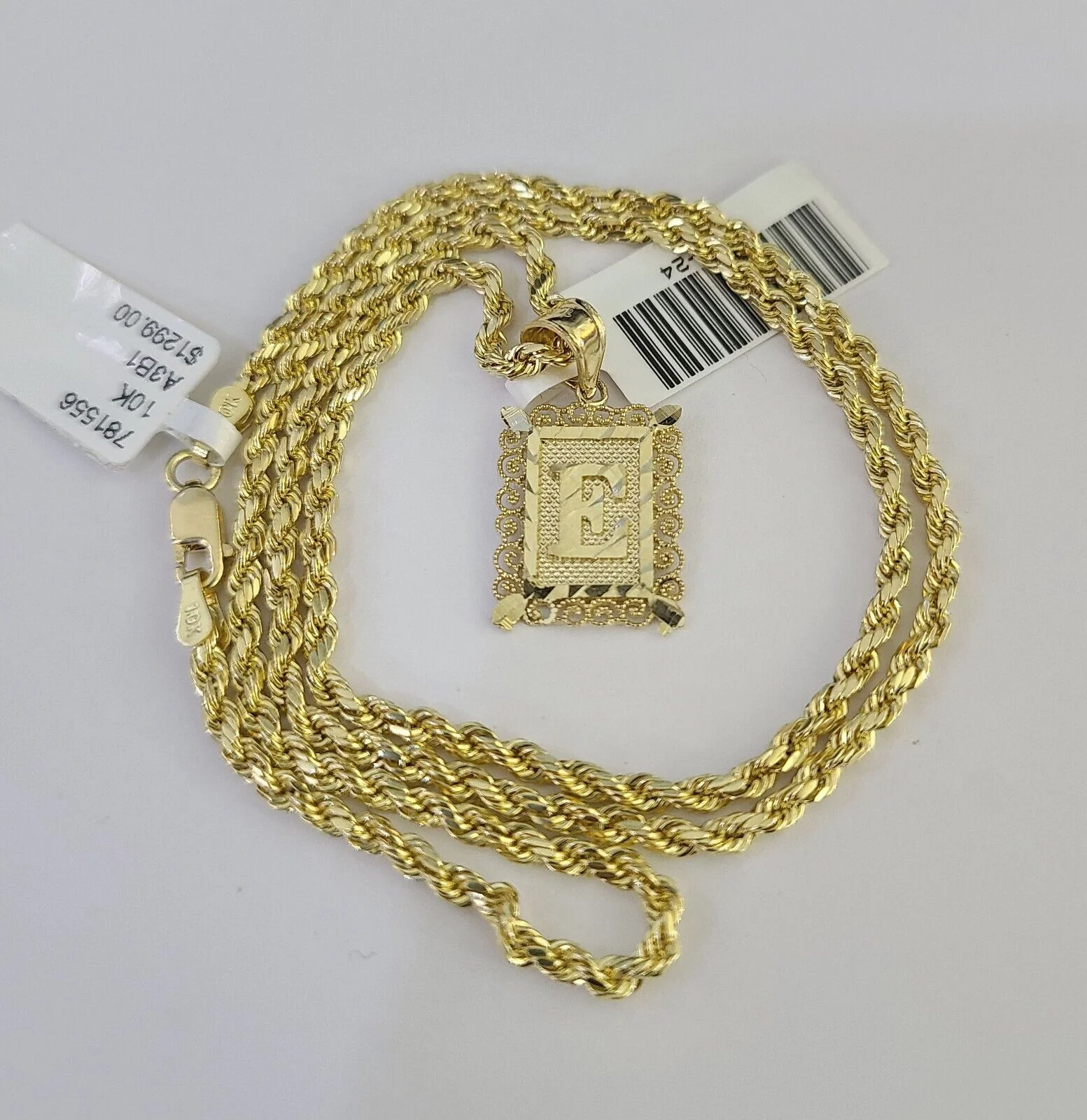 10k Gold Initial E Charm Rope Chain 16"-26" 2.5mm SET Necklace Alphabet Pendant - Image 3