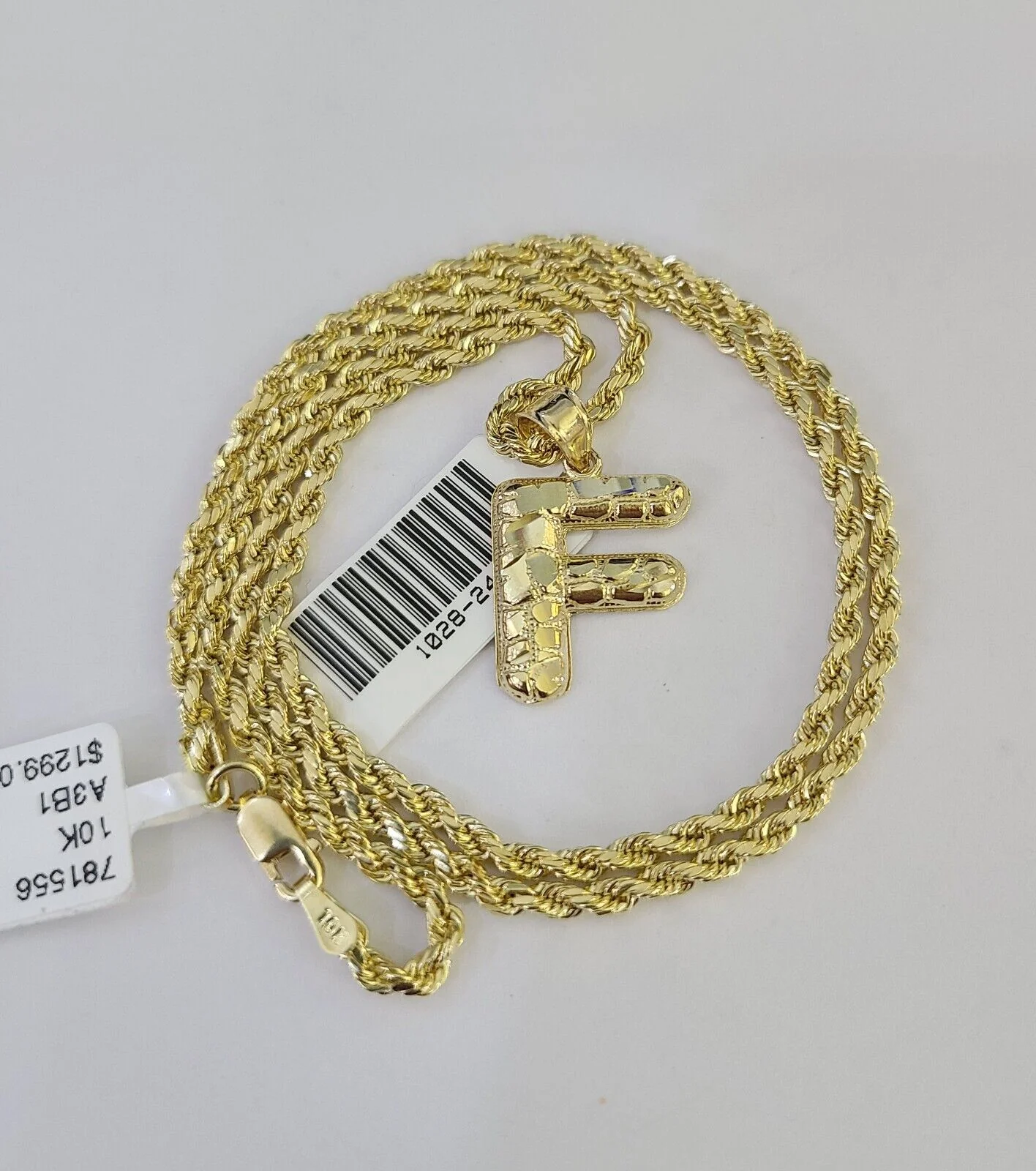 10k Gold Initial F Charm Rope Chain 16"-26" 2.5mm SET Necklace Alphabet Pendant - Image 3