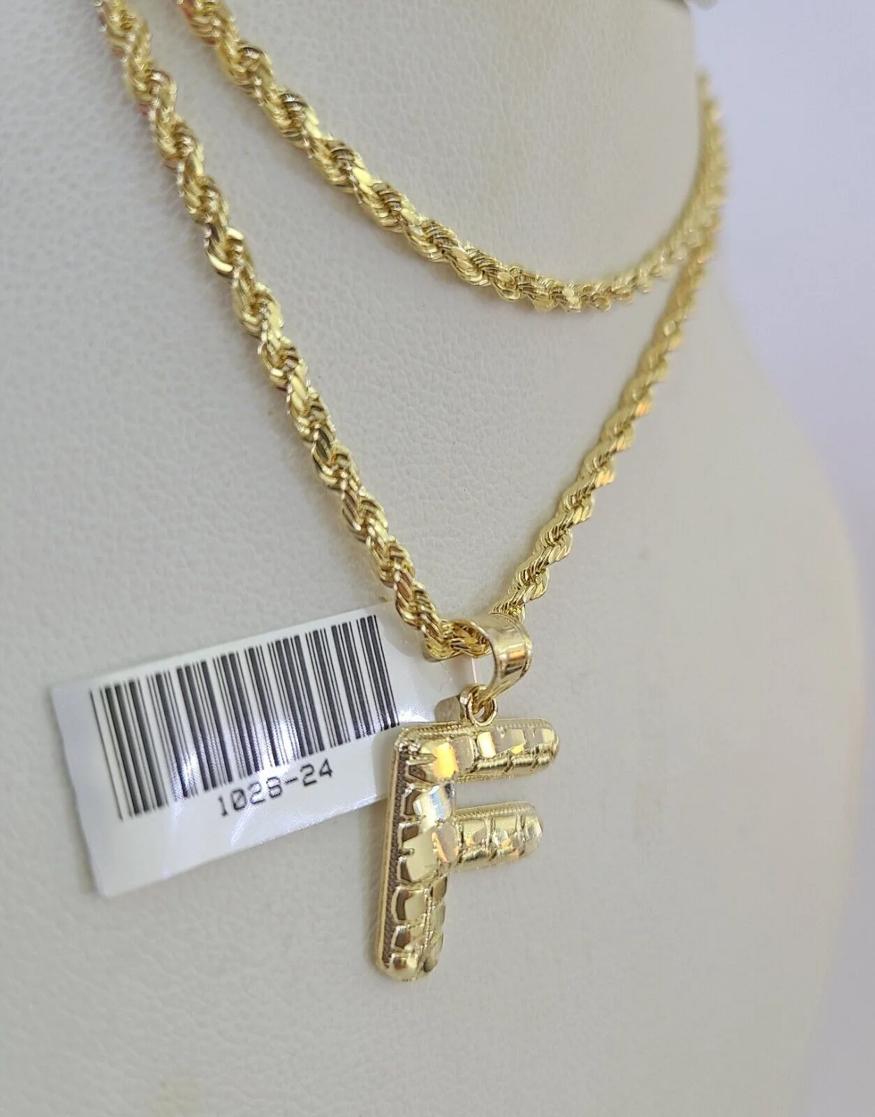 10k Gold Initial F Charm Rope Chain 16"-26" 2.5mm SET Necklace Alphabet Pendant - Image 7