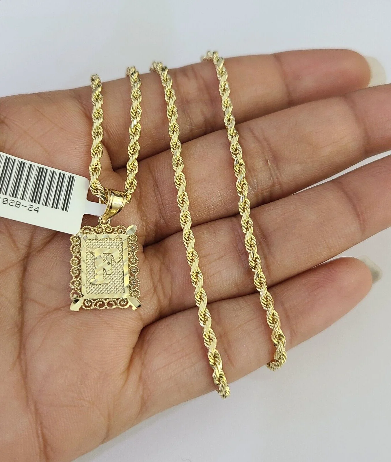 10k Gold Initial F Charm Rope Chain 16"-26" 2.5mm SET Necklace Alphabet Pendant - Image 3