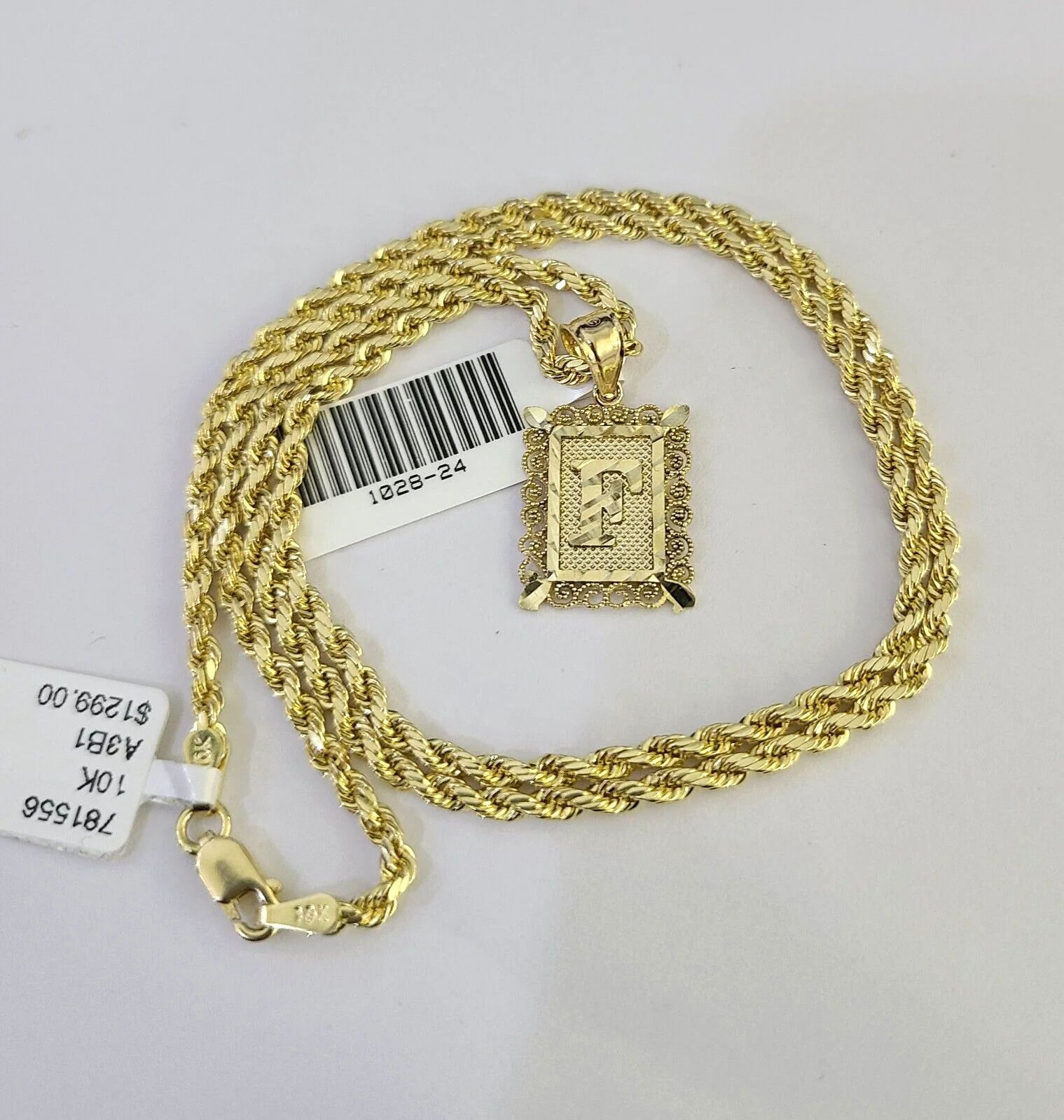 10k Gold Initial F Charm Rope Chain 16"-26" 2.5mm SET Necklace Alphabet Pendant - Image 5
