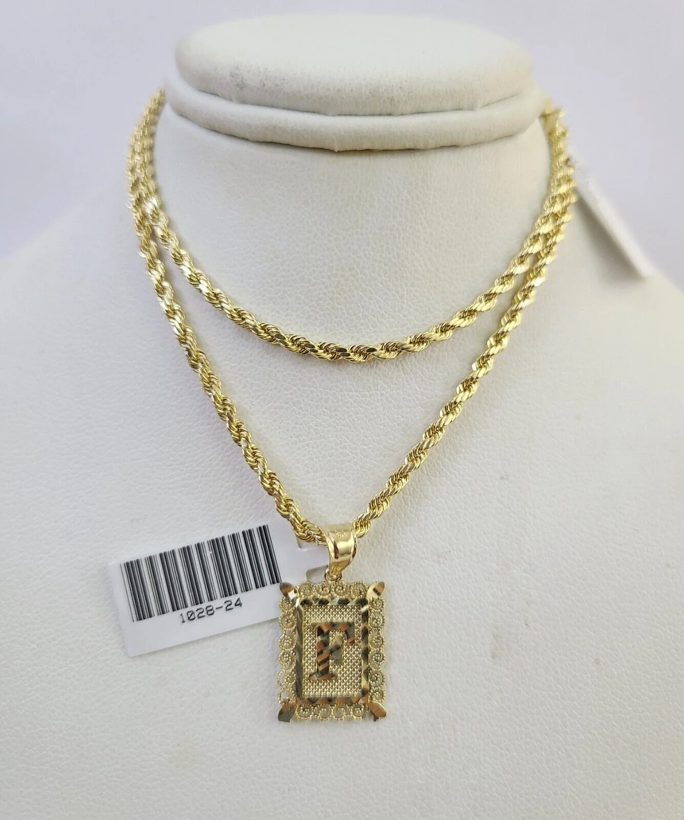10k Gold Initial F Charm Rope Chain 16"-26" 2.5mm SET Necklace Alphabet Pendant - Image 7