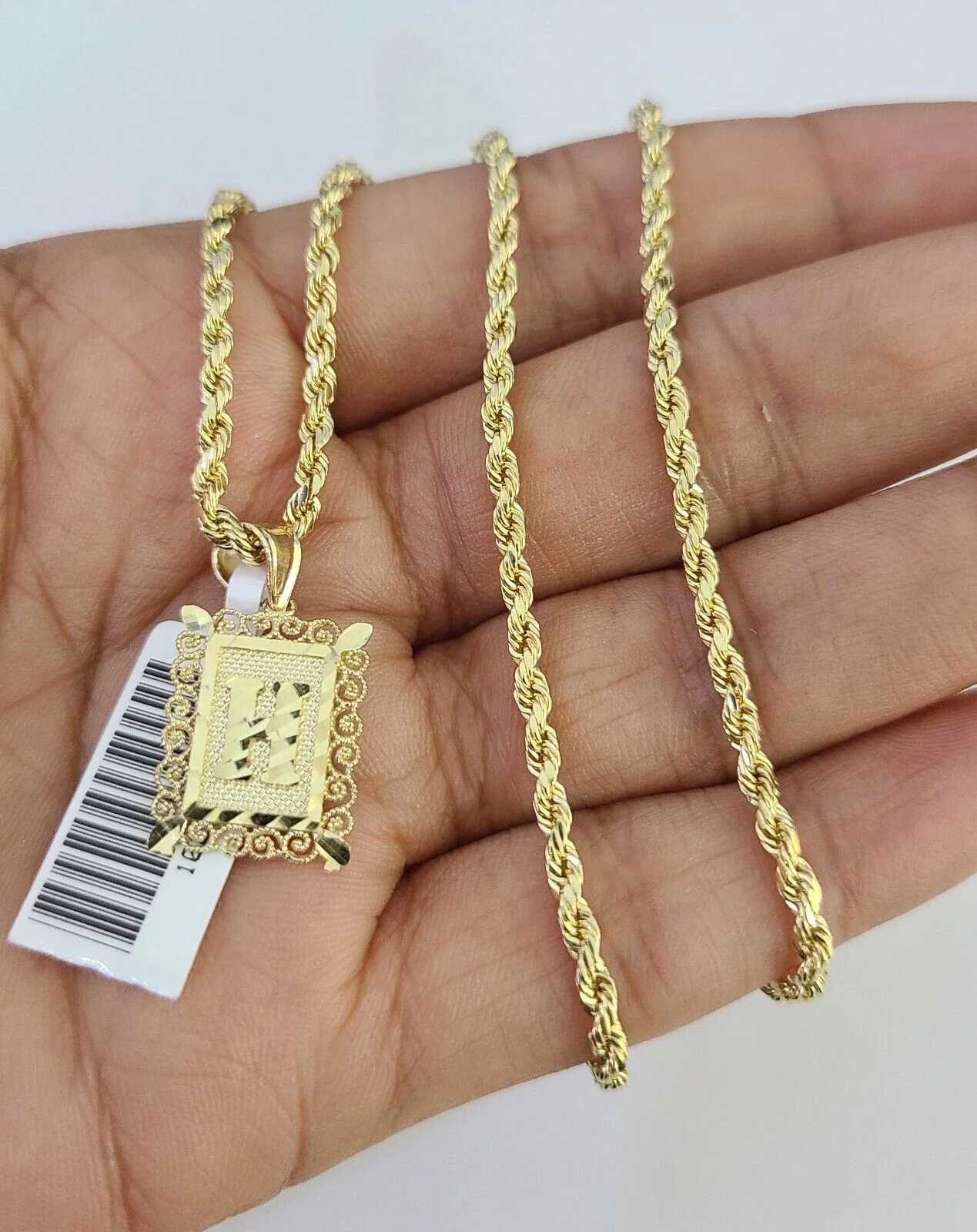 10k Gold Initial H Charm Rope Chain 16"-26" 2.5mm SET Necklace Alphabet Pendant - Image 2