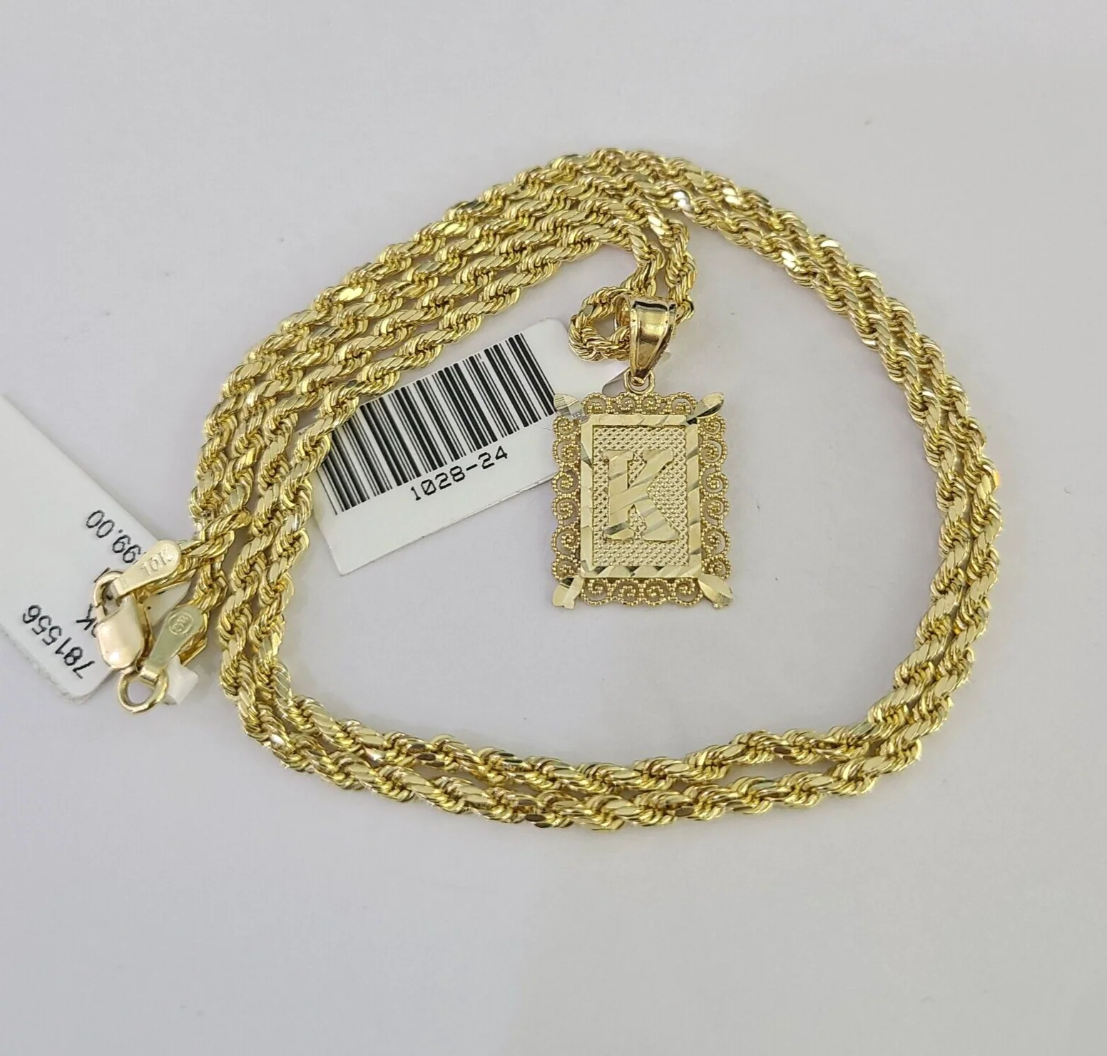 10k Gold Initial K Charm Rope Chain 16"-26" 2.5mm SET Necklace Alphabet Pendant - Image 4