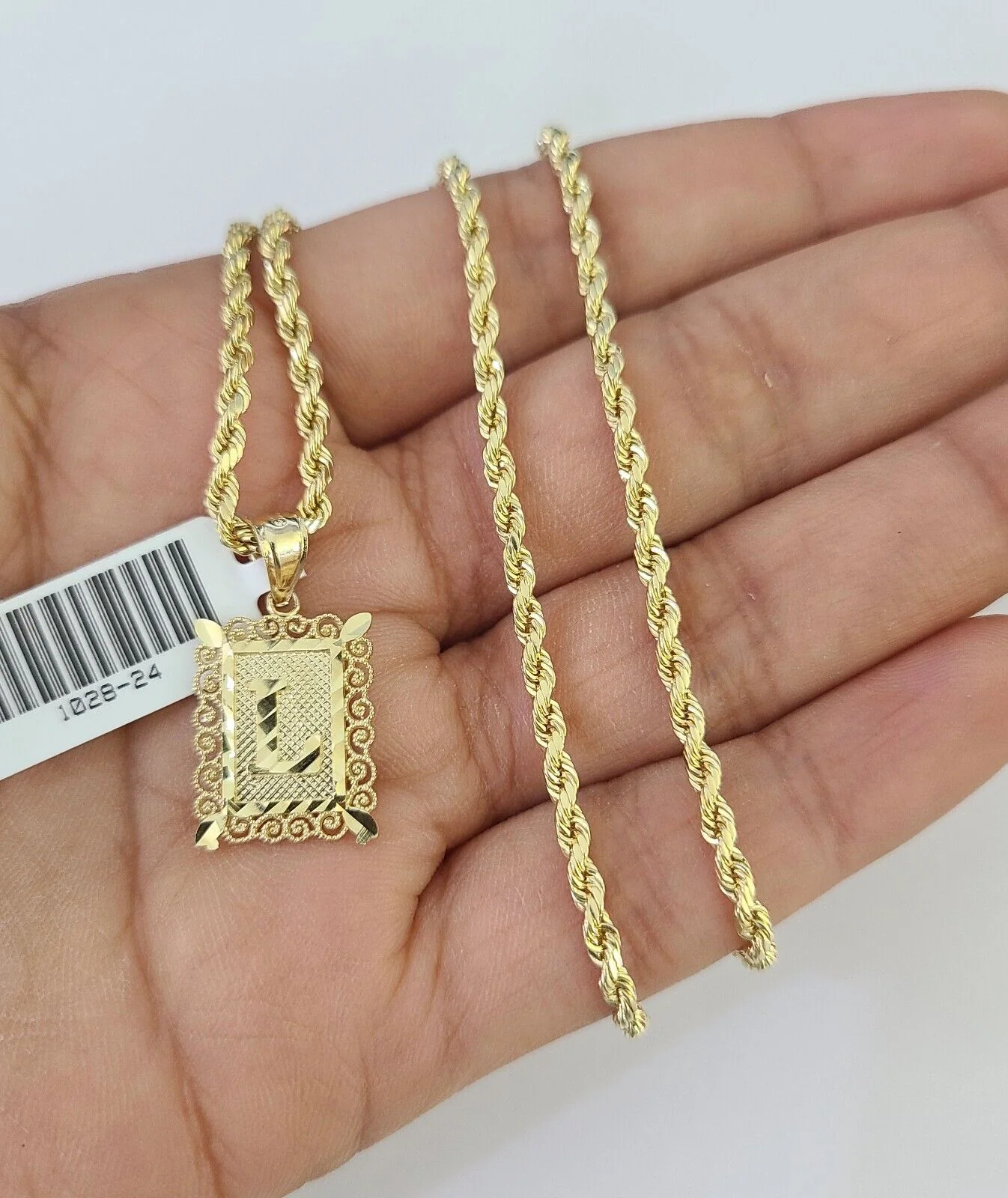 10k Gold Initial L Charm Rope Chain 16"-26" 2.5mm SET Necklace Alphabet Pendant - Image 3