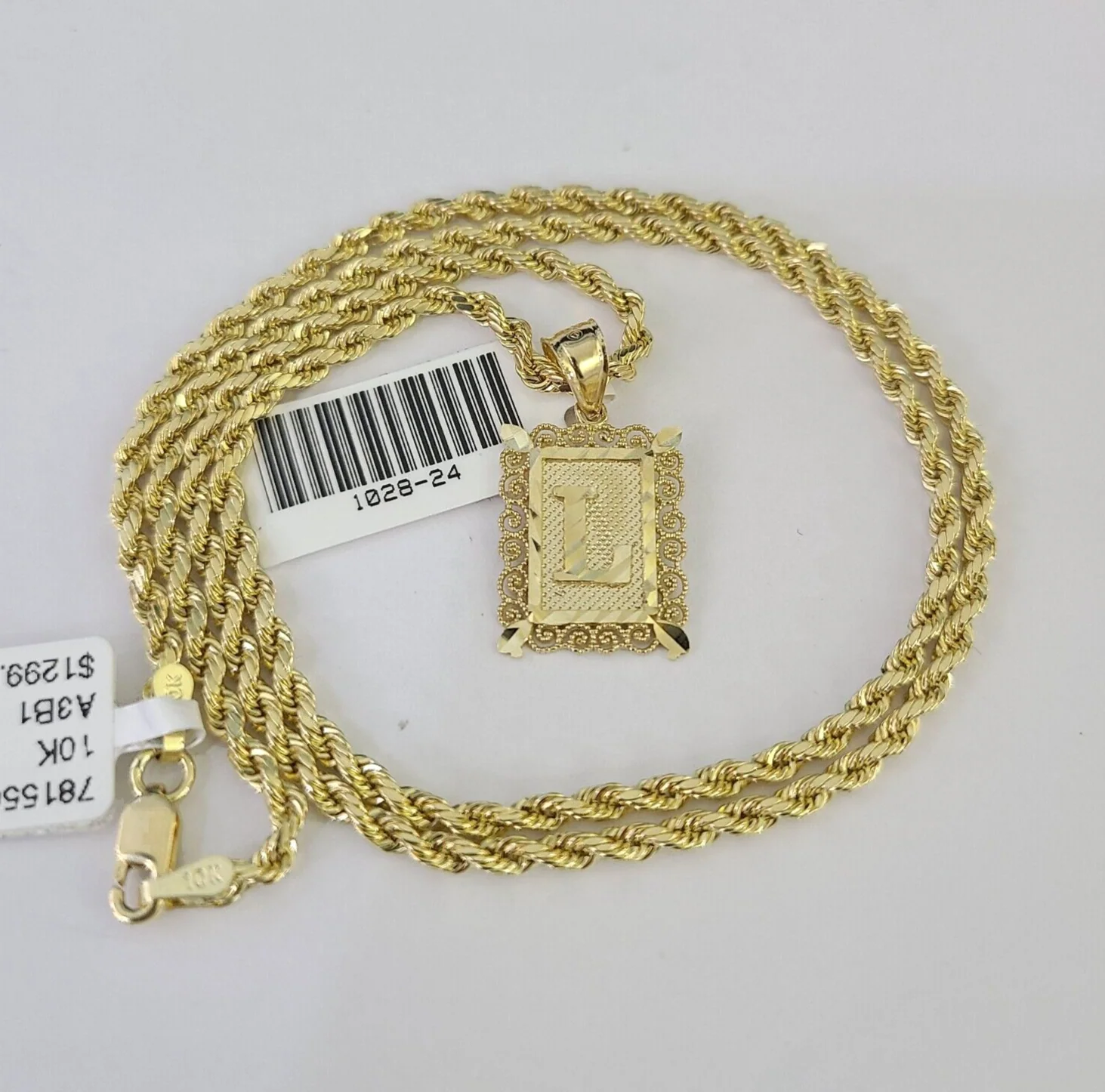 10k Gold Initial L Charm Rope Chain 16"-26" 2.5mm SET Necklace Alphabet Pendant - Image 5