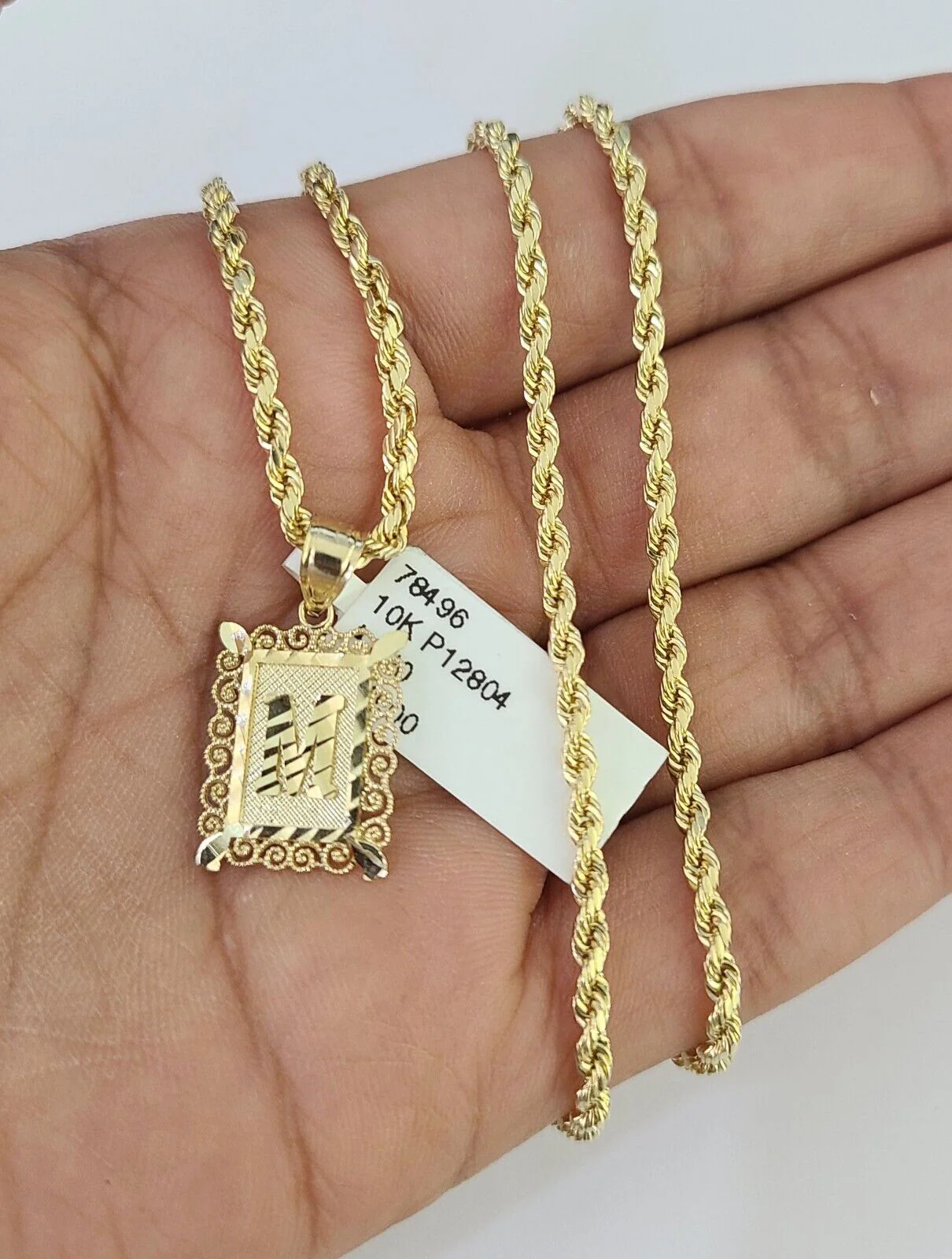 10k Gold Initial M Charm Rope Chain 16"-26" 2.5mm SET Necklace Alphabet Pendant - Image 3