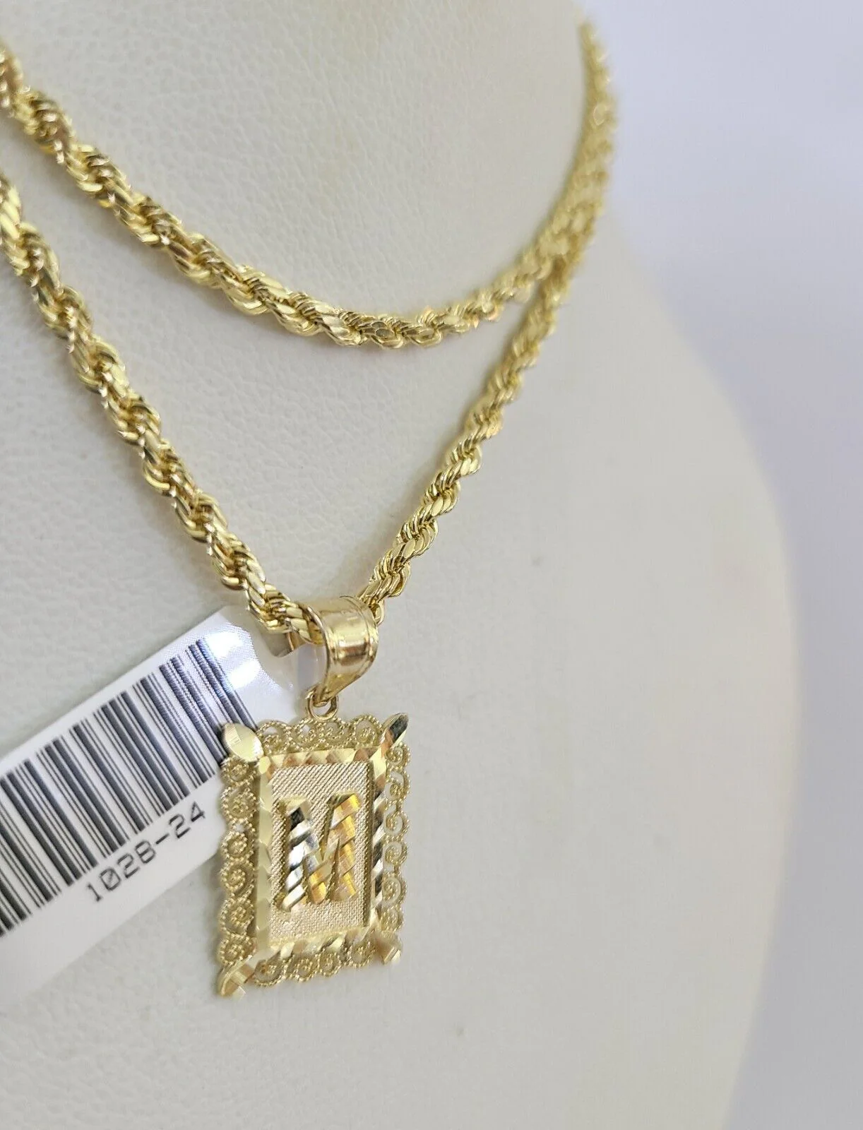 10k Gold Initial M Charm Rope Chain 16"-26" 2.5mm SET Necklace Alphabet Pendant - Image 6