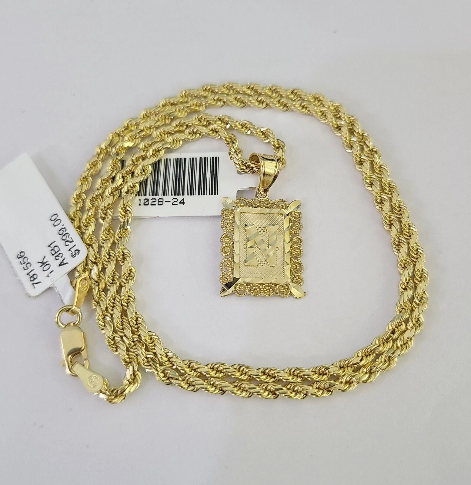 10k Gold Initial N Charm Rope Chain 16"-26" 2.5mm SET Necklace Alphabet Pendant - Image 3
