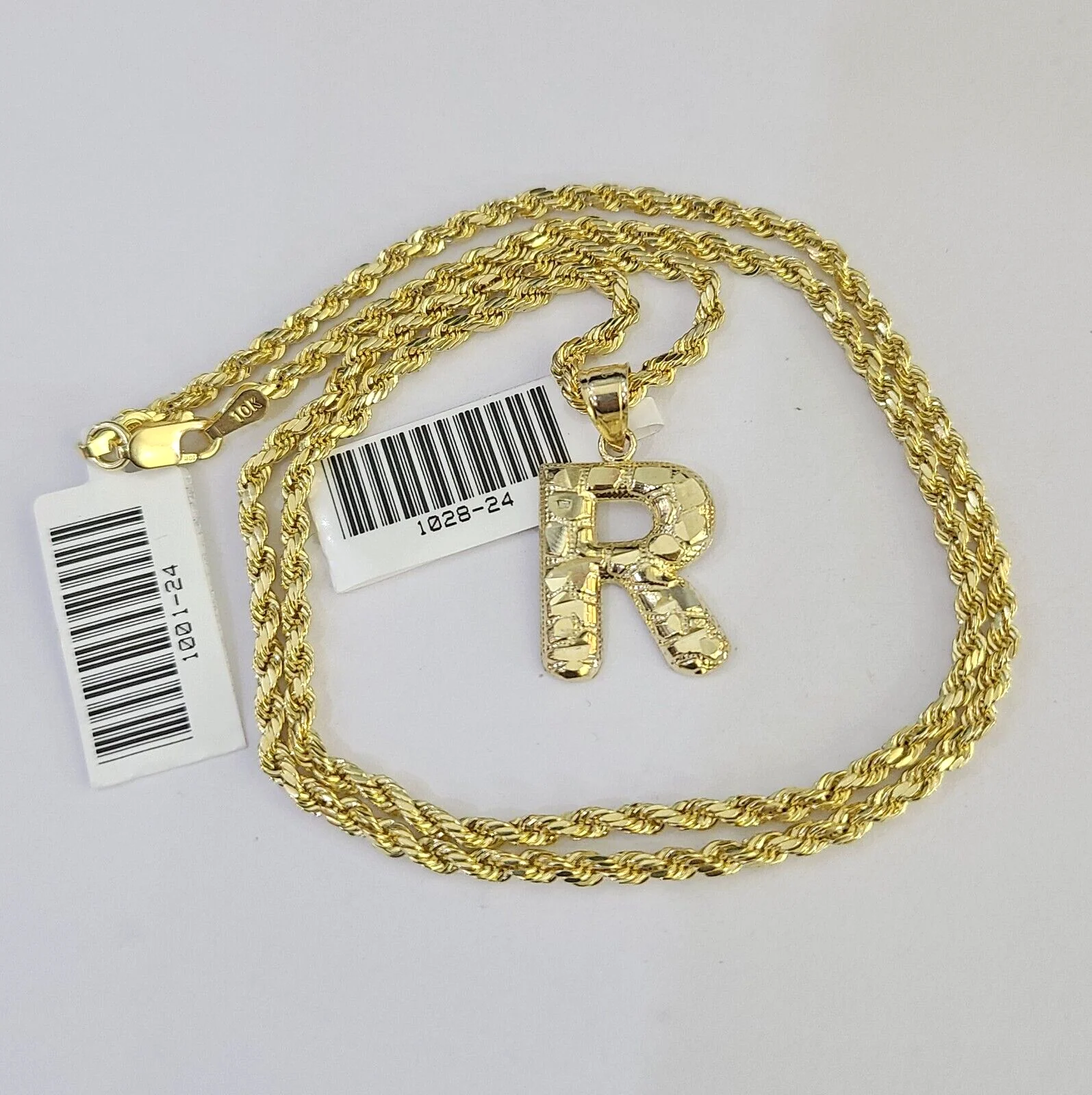 10k Gold Initial R Charm Rope Chain 16"-26" 2.5mm SET Necklace Alphabet Pendant - Image 3