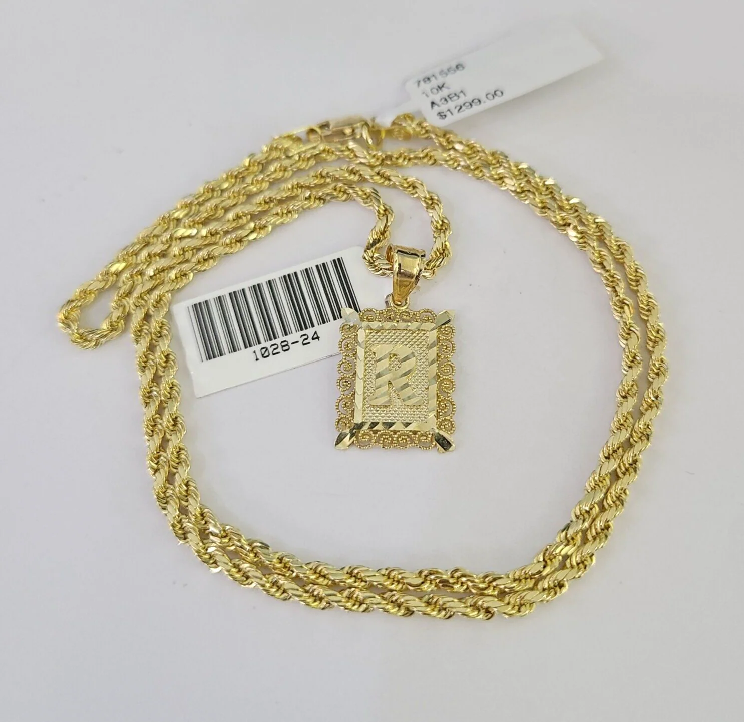 10k Gold Initial R Charm Rope Chain 16"-26" 2.5mm SET Necklace Alphabet Pendant - Image 3
