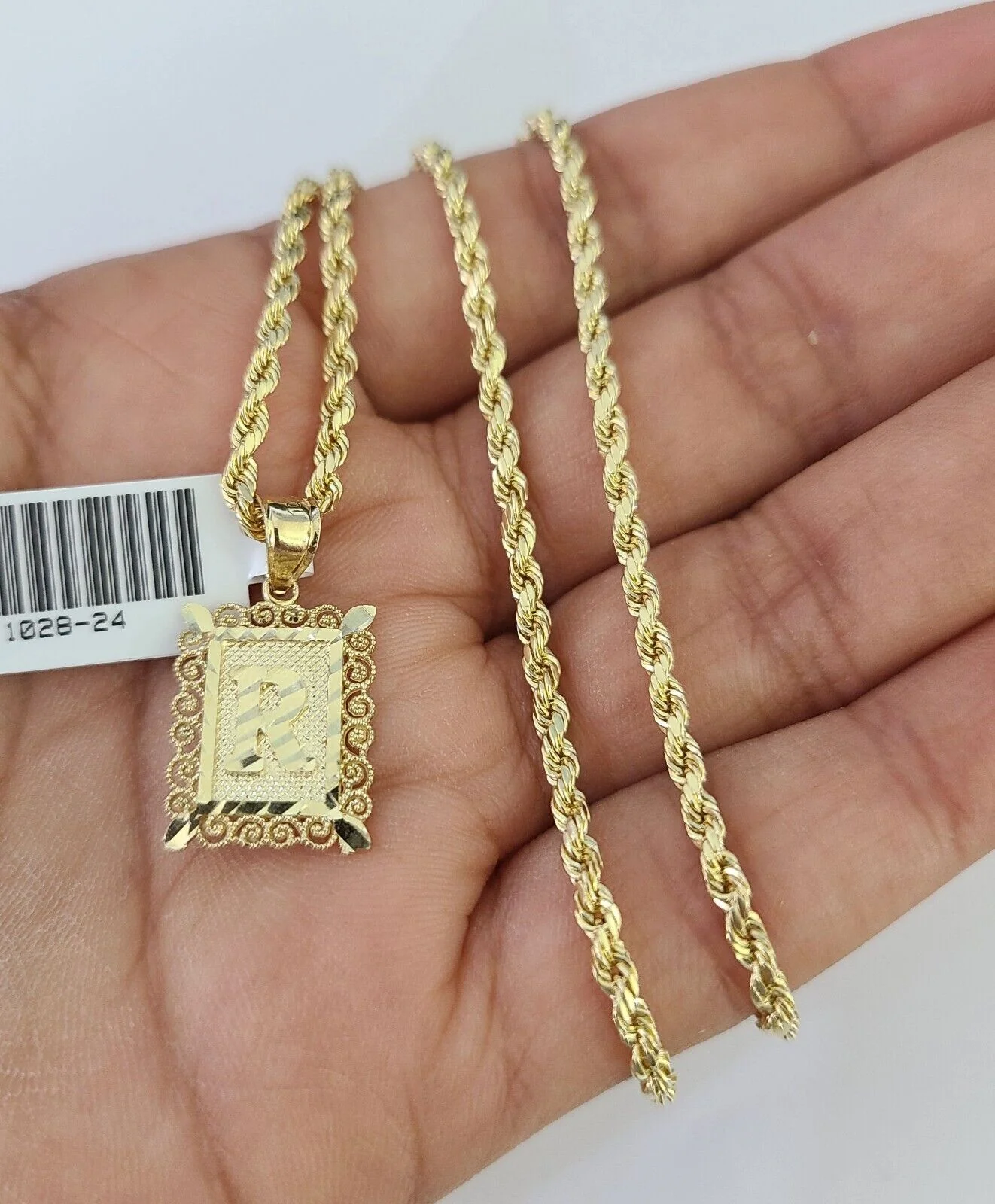 10k Gold Initial R Charm Rope Chain 16"-26" 2.5mm SET Necklace Alphabet Pendant - Image 5