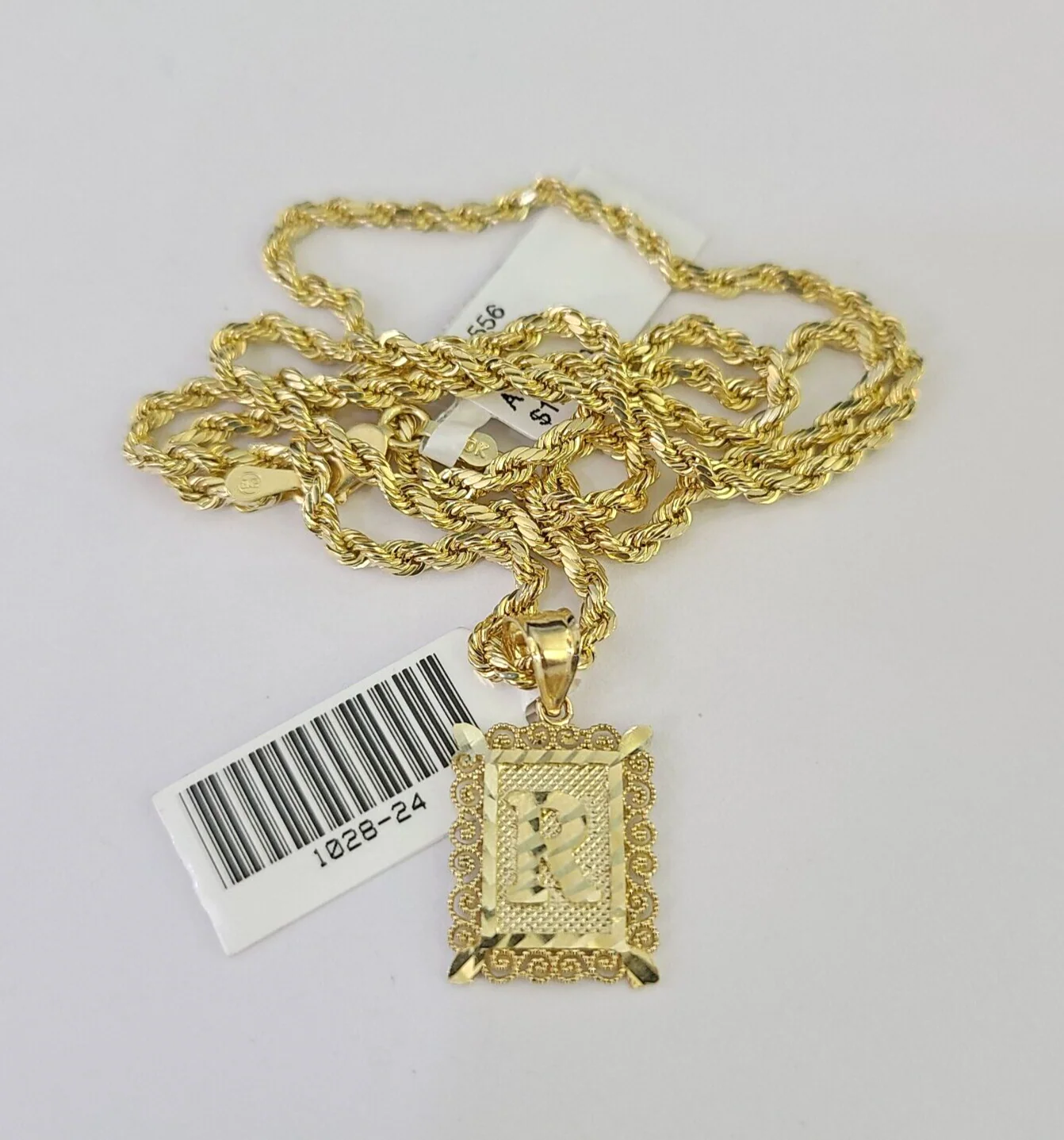 10k Gold Initial R Charm Rope Chain 16"-26" 2.5mm SET Necklace Alphabet Pendant - Image 6
