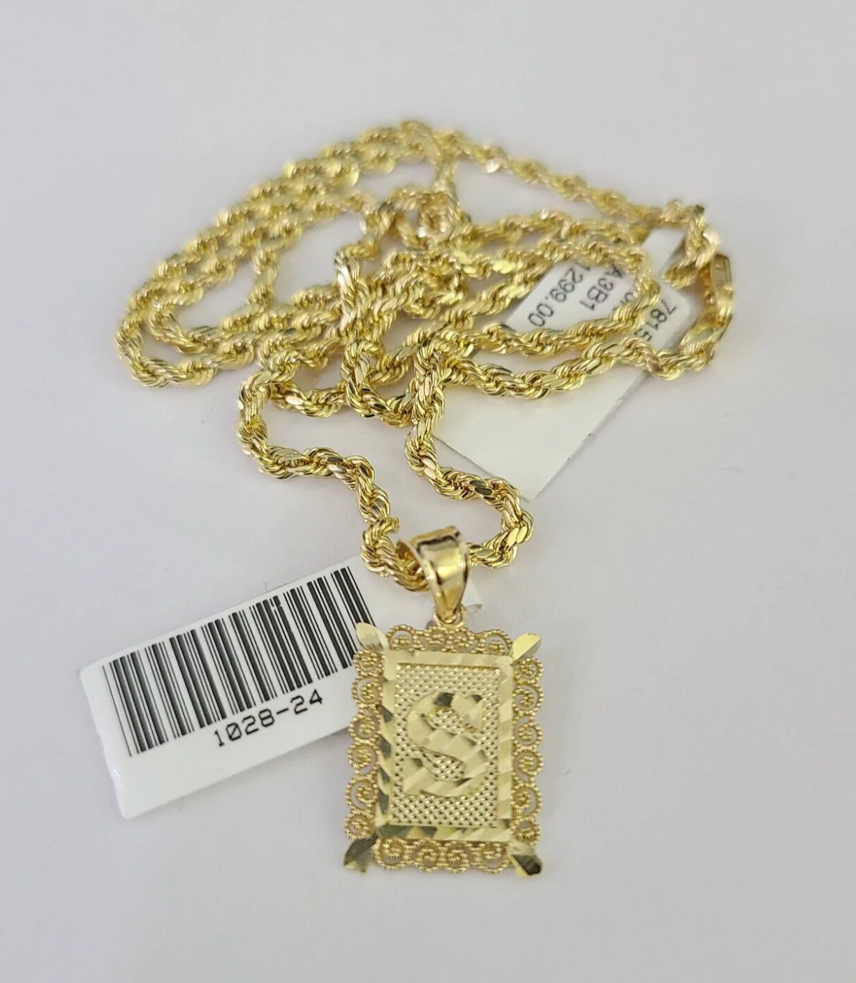 10k Gold Initial S Charm Rope Chain 16"-26" 2.5mm SET Necklace Alphabet Pendant - Image 4