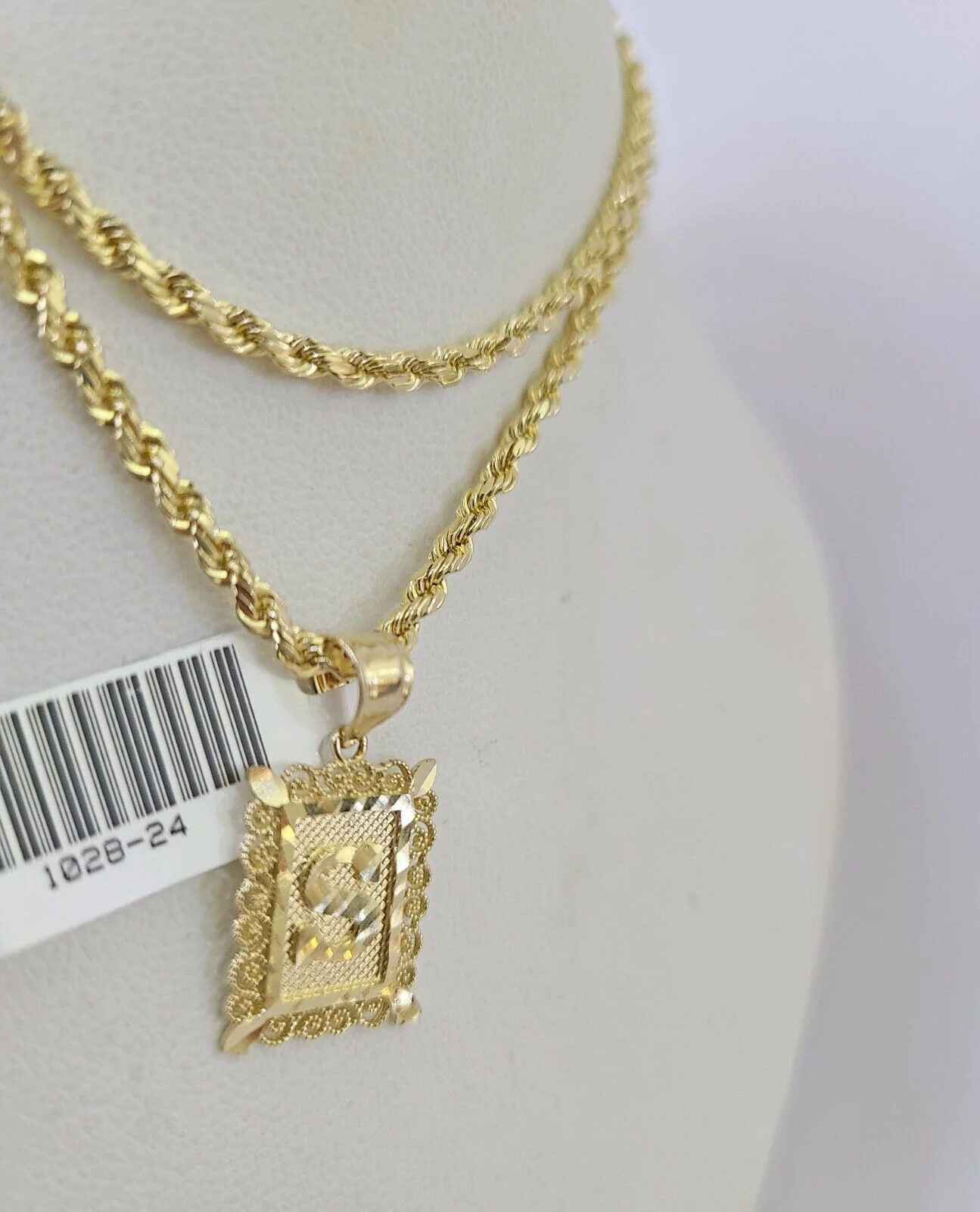 10k Gold Initial S Charm Rope Chain 16"-26" 2.5mm SET Necklace Alphabet Pendant - Image 5
