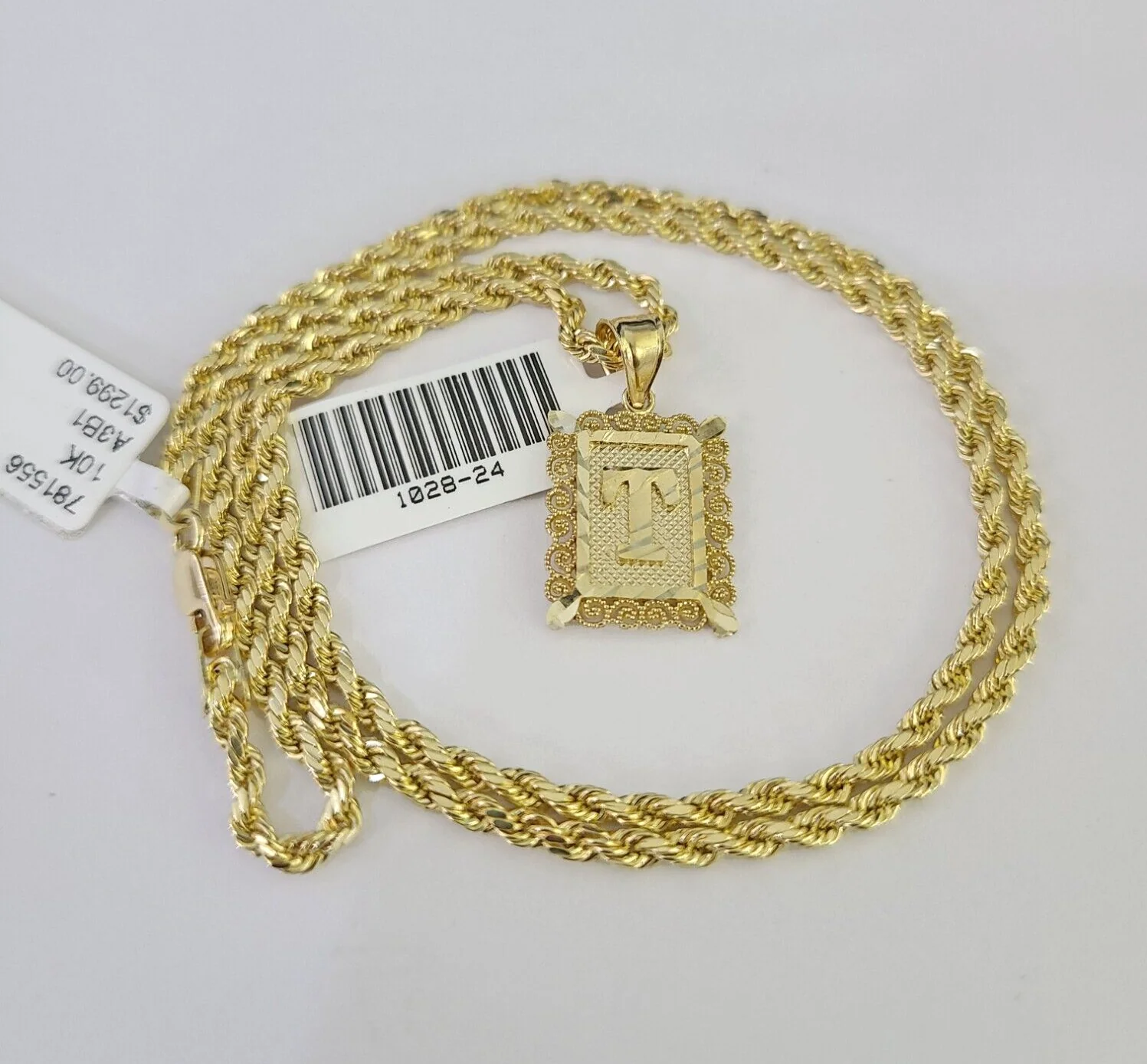10k Gold Initial T Charm Rope Chain 16"-26" 2.5mm SET Necklace Alphabet Pendant - Image 3