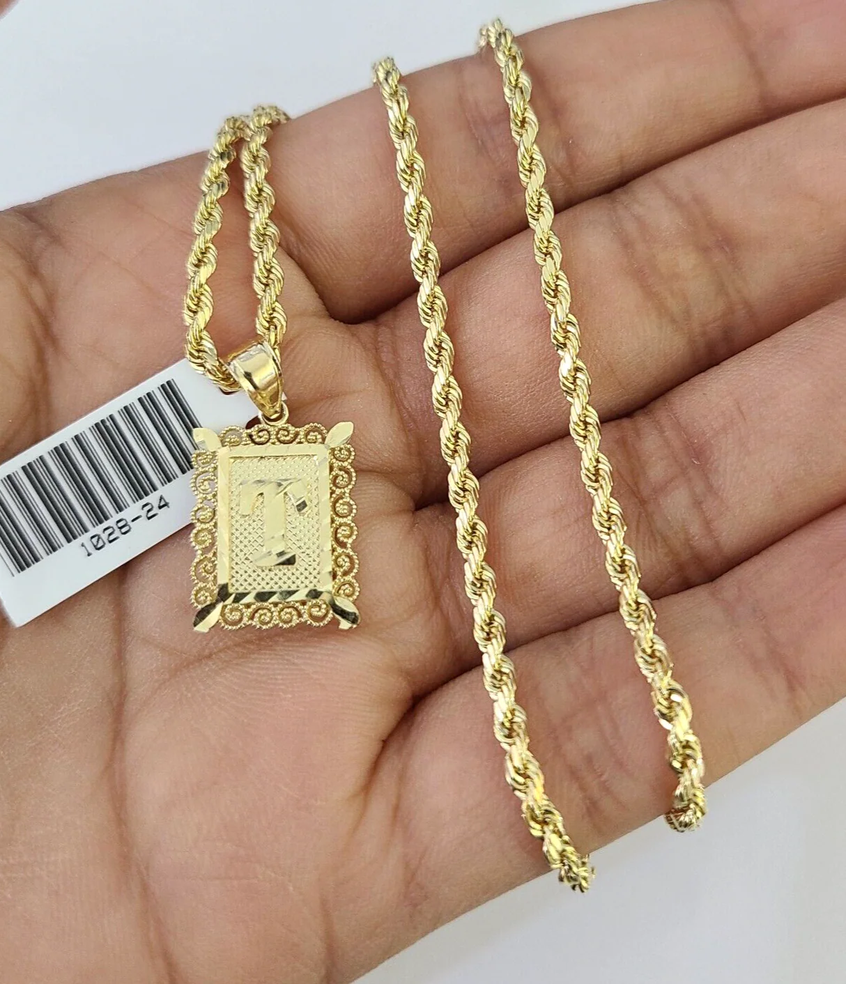 10k Gold Initial T Charm Rope Chain 16"-26" 2.5mm SET Necklace Alphabet Pendant - Image 6