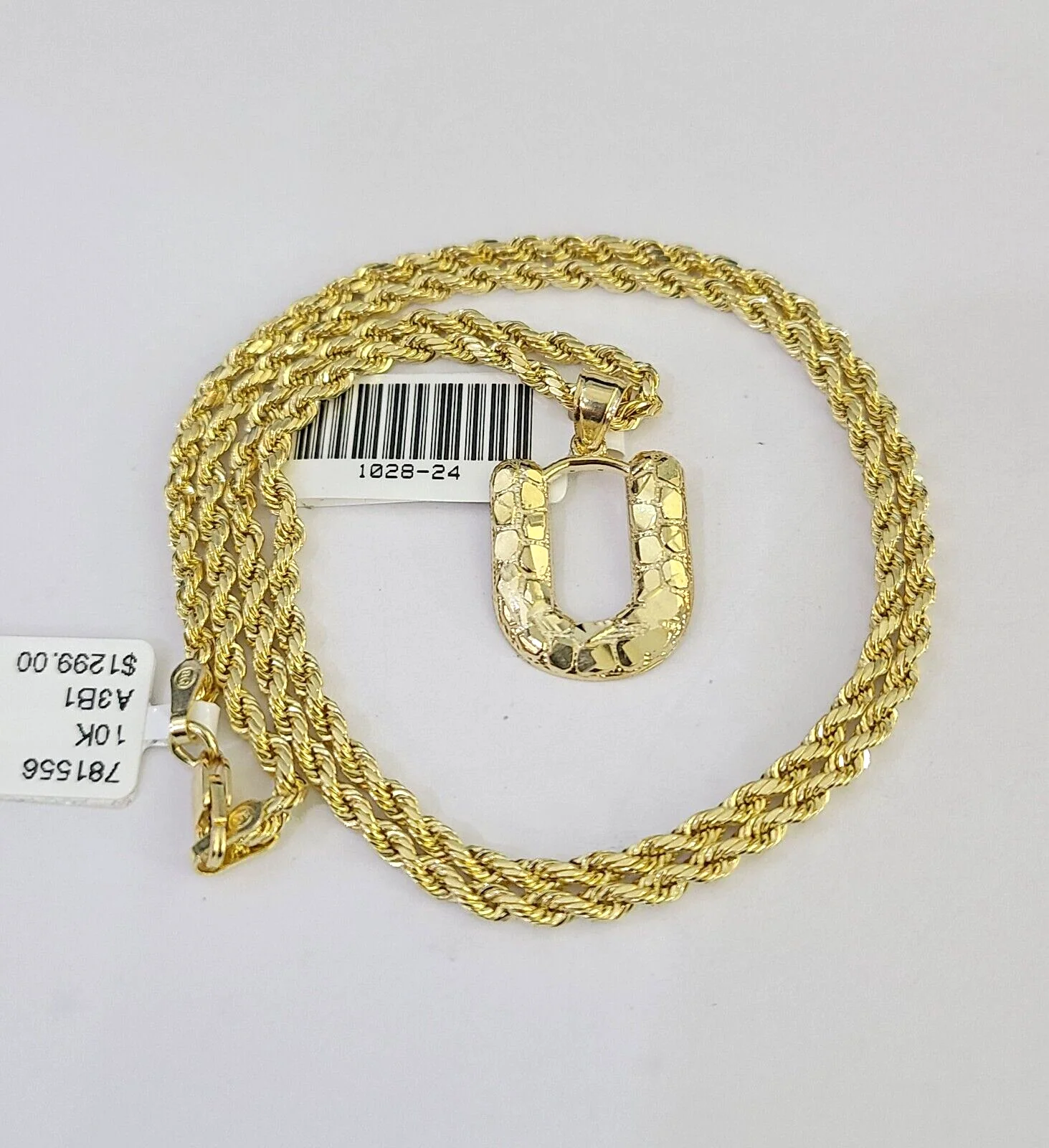 10k Gold Initial U Charm Rope Chain 16"-26" 2.5mm SET Necklace Alphabet Pendant - Image 3