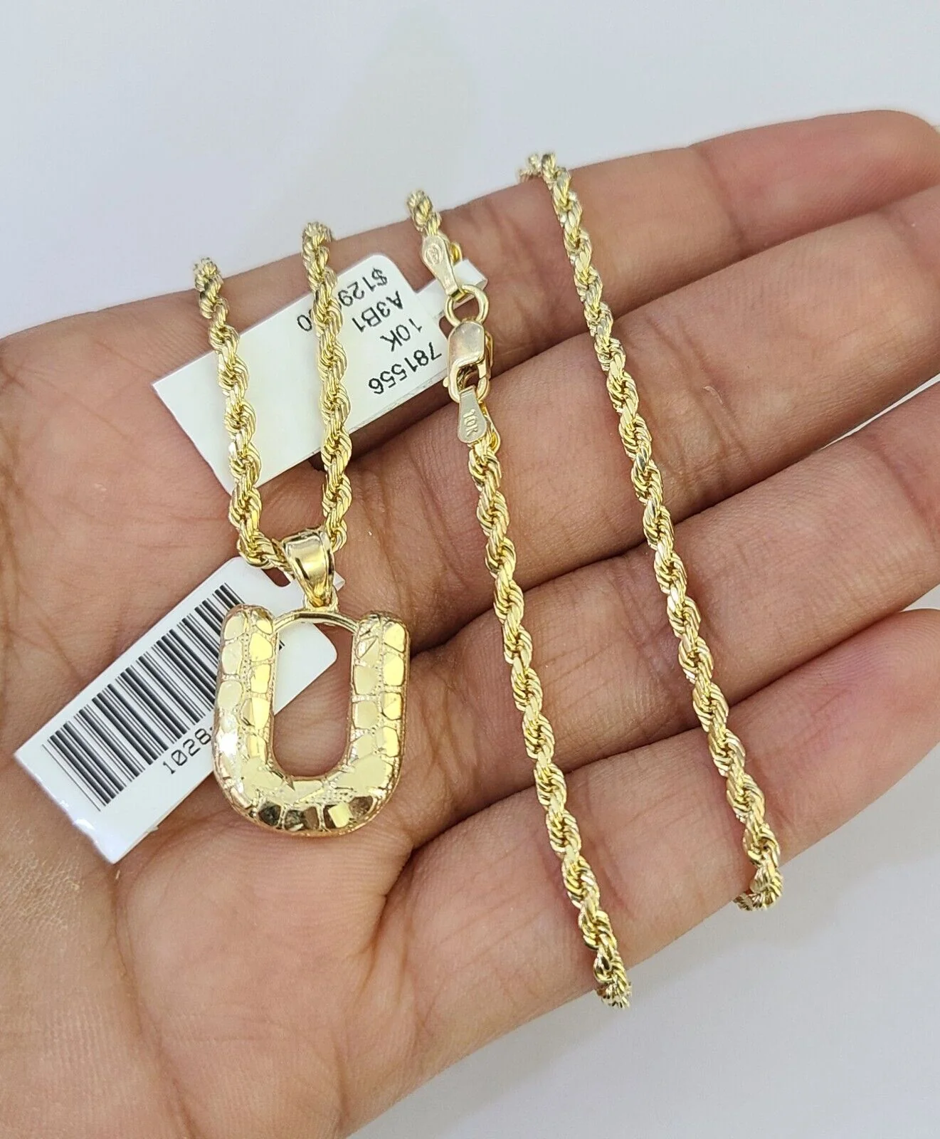 10k Gold Initial U Charm Rope Chain 16"-26" 2.5mm SET Necklace Alphabet Pendant - Image 5
