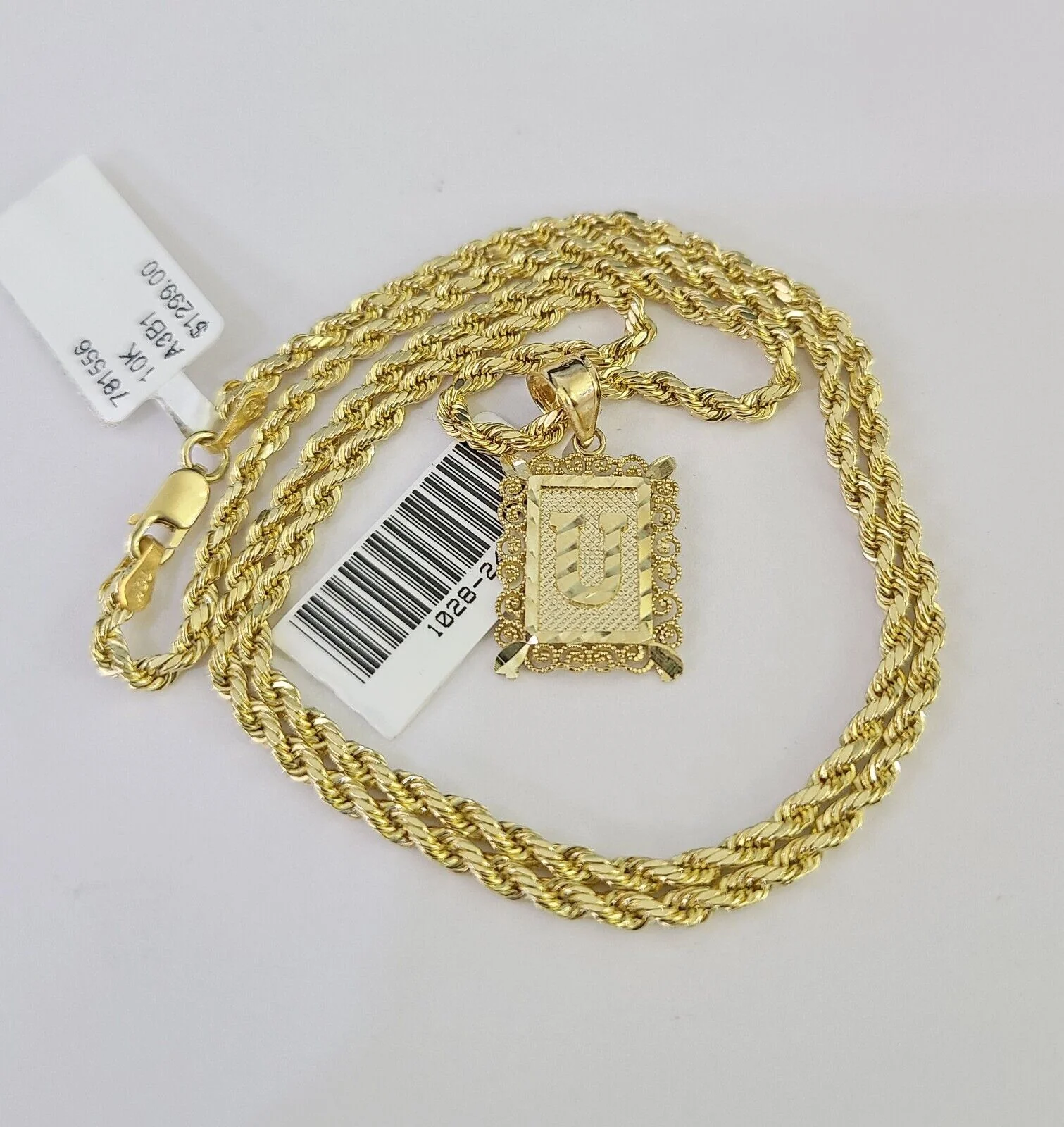10k Gold Initial U Charm Rope Chain 16"-26" 2.5mm SET Necklace Alphabet Pendant - Image 4