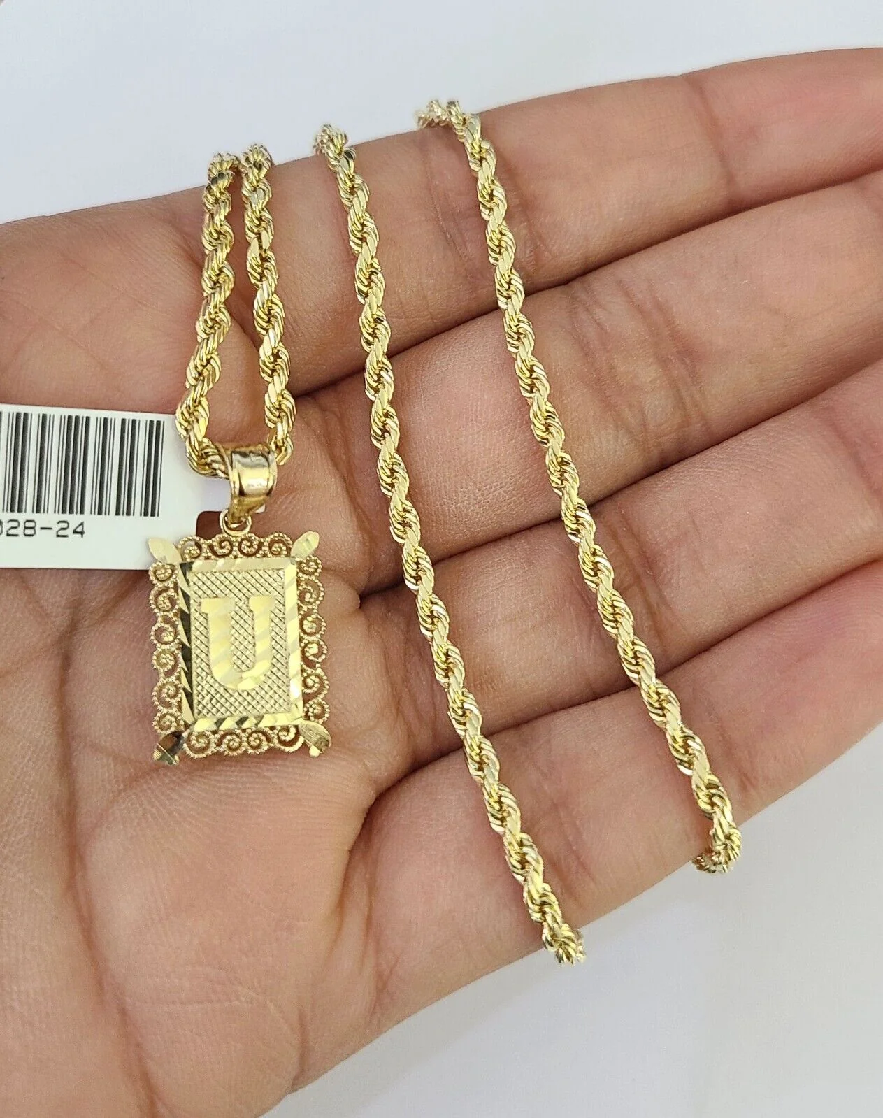 10k Gold Initial U Charm Rope Chain 16"-26" 2.5mm SET Necklace Alphabet Pendant - Image 6
