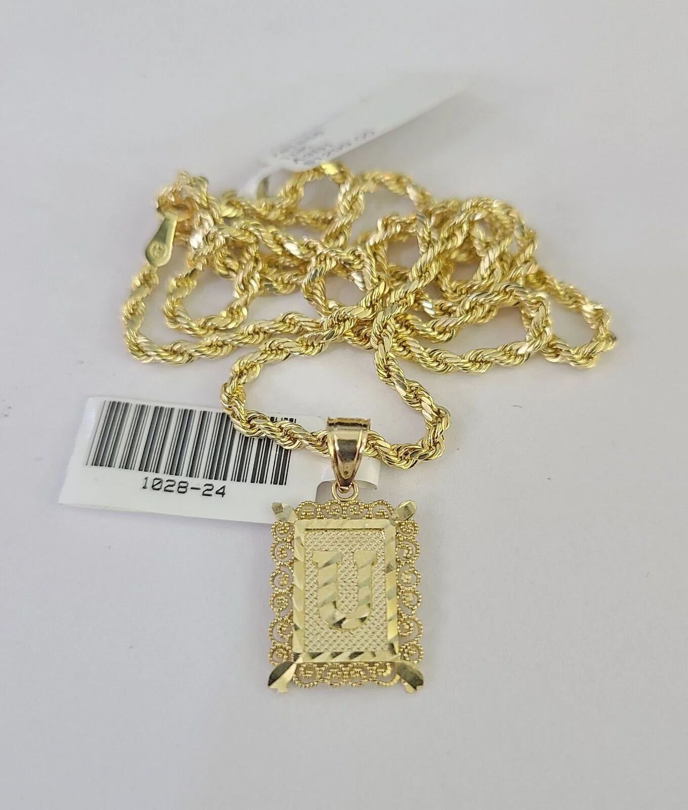 10k Gold Initial U Charm Rope Chain 16"-26" 2.5mm SET Necklace Alphabet Pendant - Image 7
