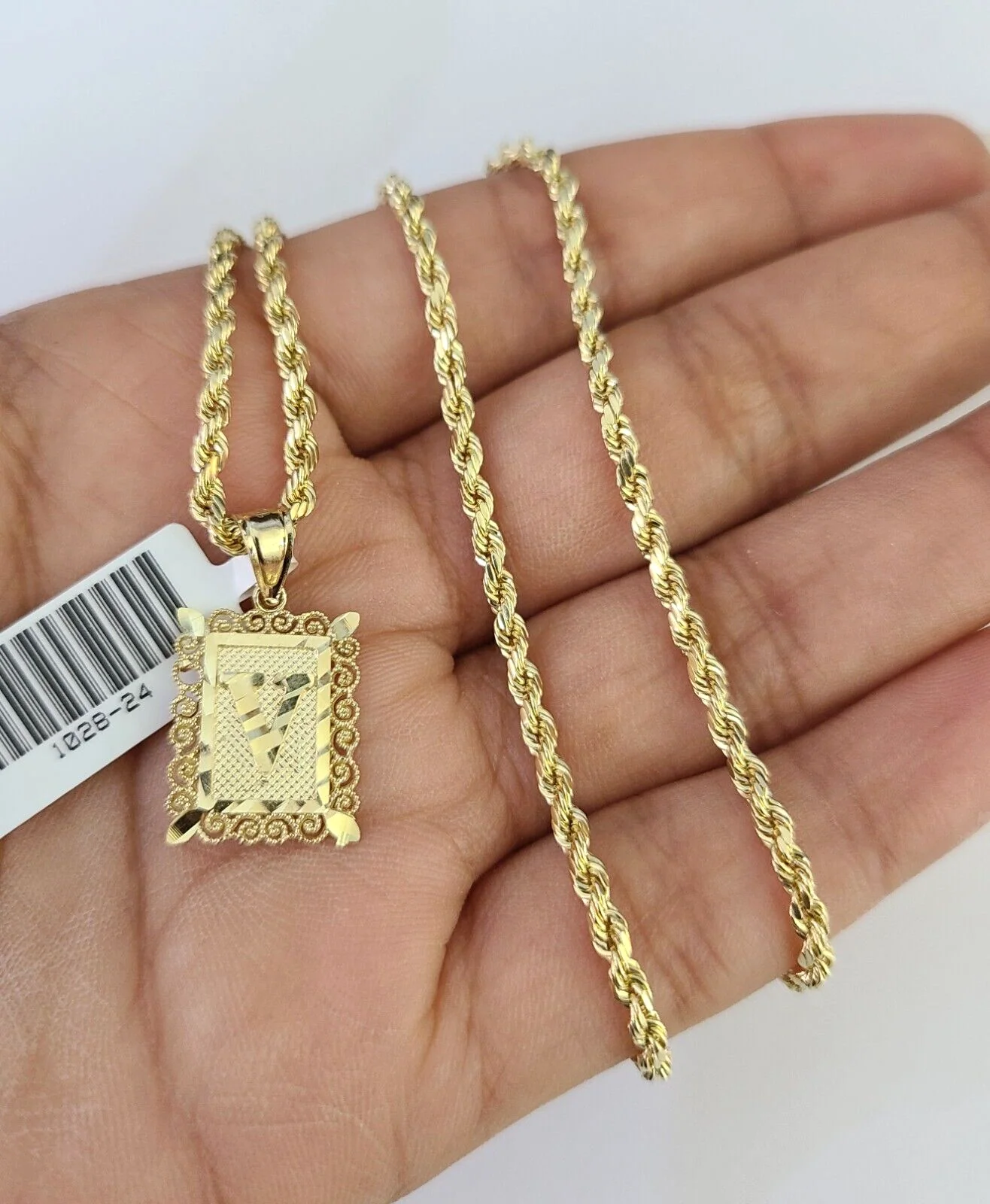 10k Gold Initial V Charm Rope Chain 16"-26" 2.5mm SET Necklace Alphabet Pendant - Image 4
