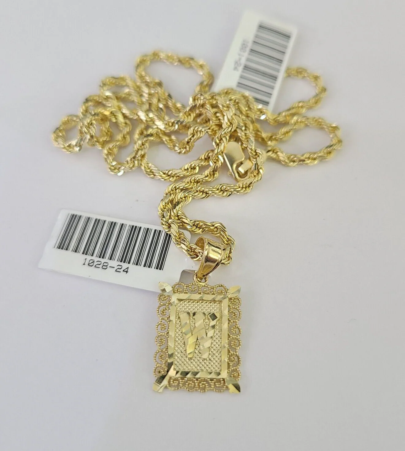 10k Gold Initial W Charm Rope Chain 16"-26" 2.5mm SET Necklace Alphabet Pendant - Image 7