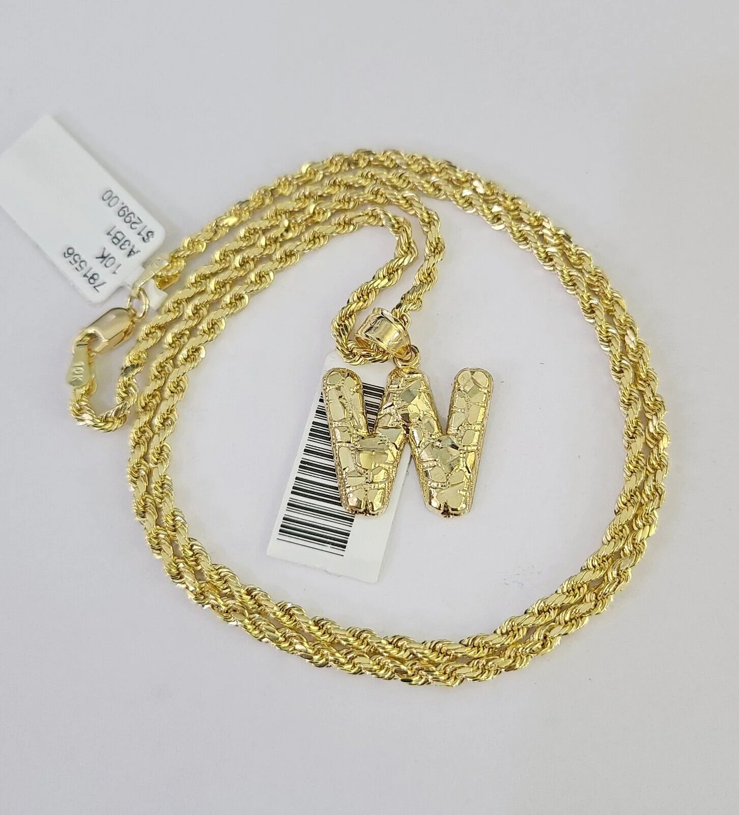 10k Gold Initial W Charm Rope Chain 16"-26" 2.5mm SET Necklace Alphabet Pendant - Image 3