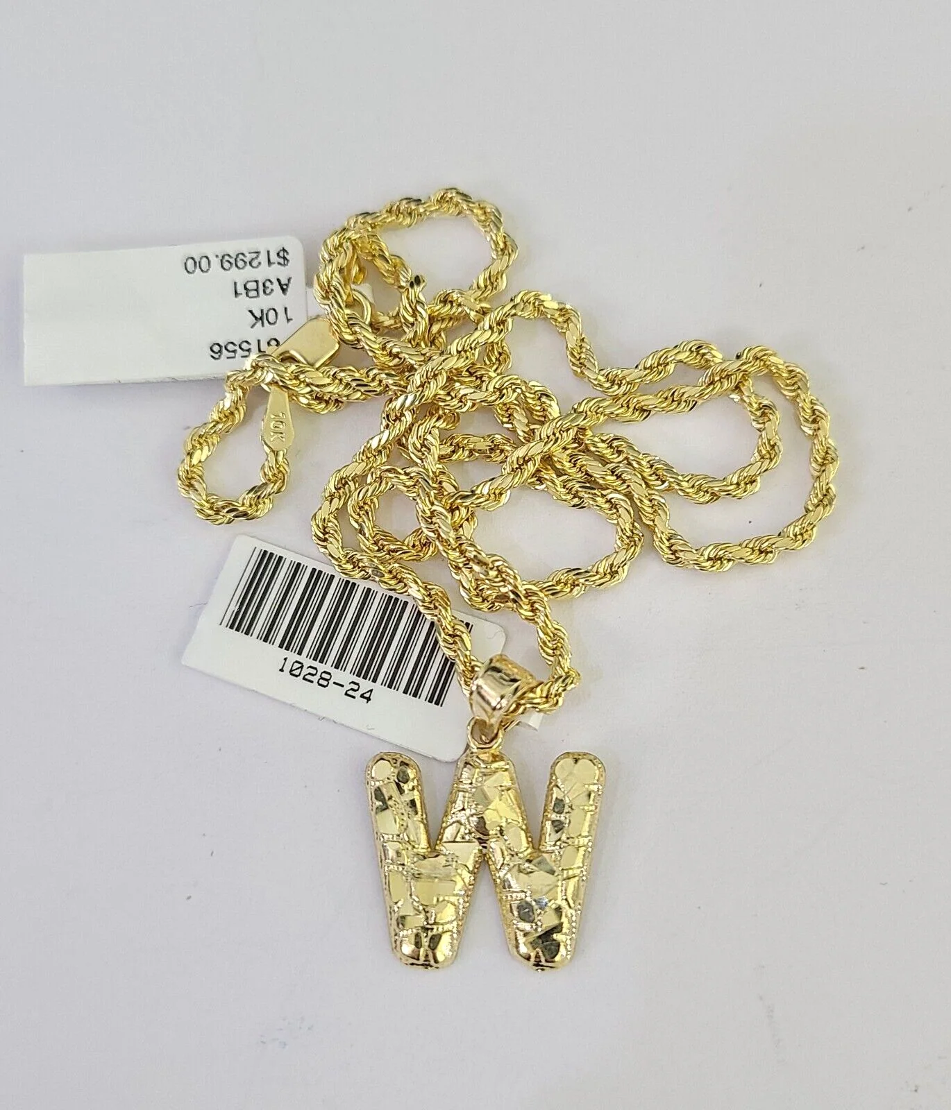 10k Gold Initial W Charm Rope Chain 16"-26" 2.5mm SET Necklace Alphabet Pendant - Image 6