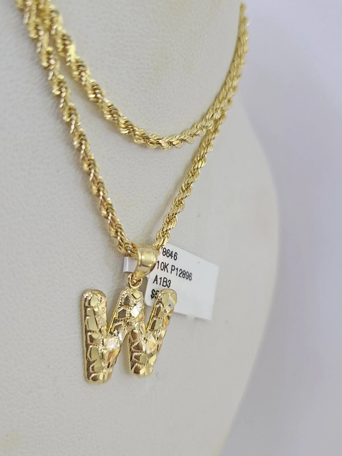 10k Gold Initial W Charm Rope Chain 16"-26" 2.5mm SET Necklace Alphabet Pendant - Image 7