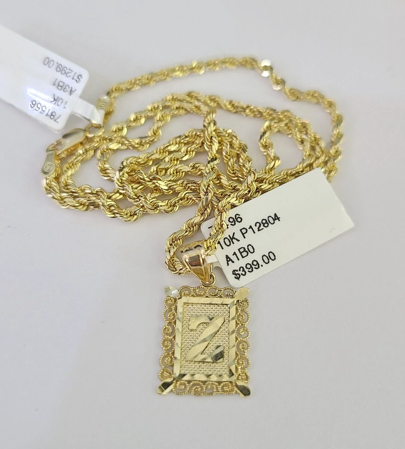 10k Gold Initial Z Charm Rope Chain 16"-26" 2.5mm SET Necklace Alphabet Pendant - Image 6