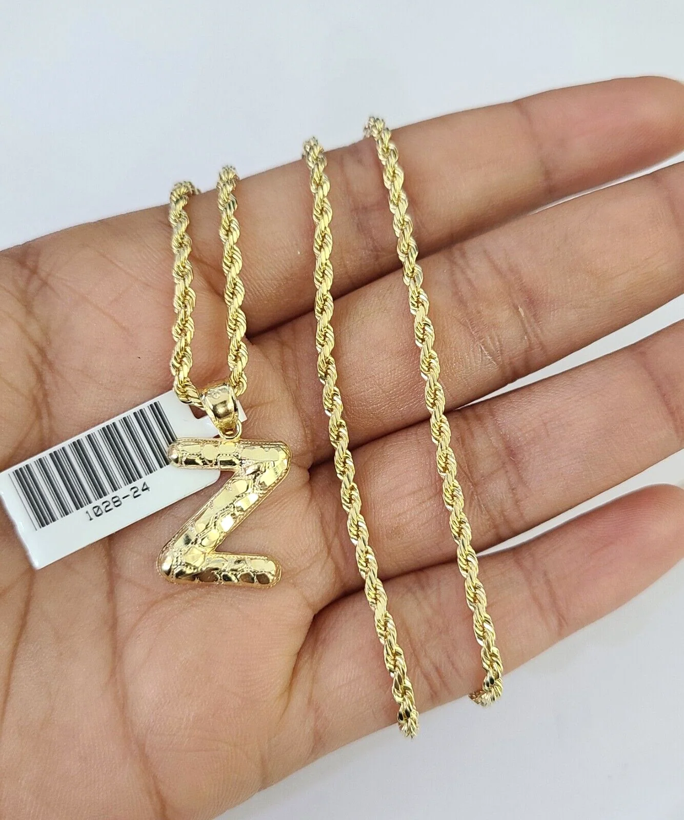 10k Gold Initial Z Charm Rope Chain 16"-26" 2.5mm SET Necklace Alphabet Pendant - Image 3