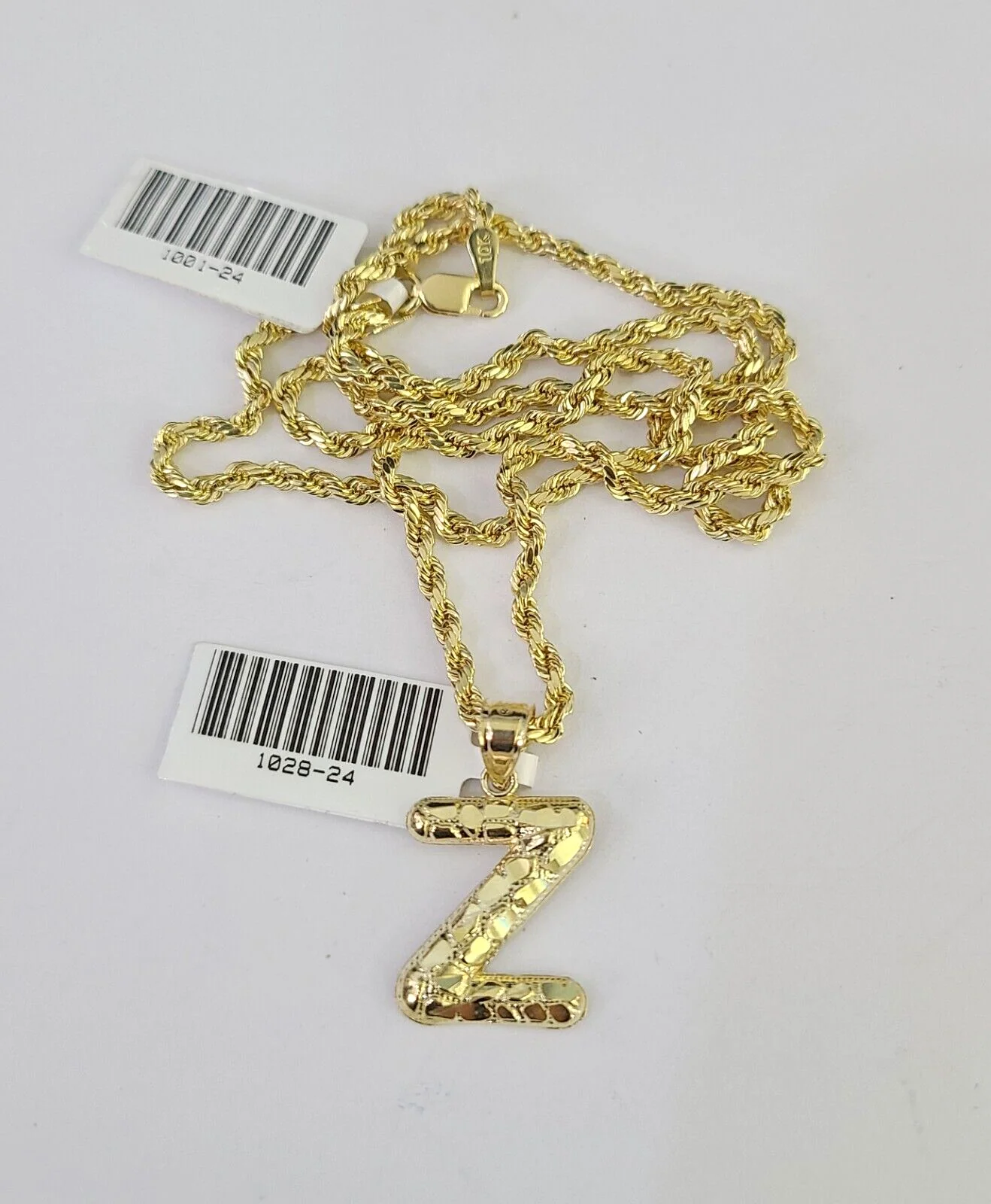 10k Gold Initial Z Charm Rope Chain 16"-26" 2.5mm SET Necklace Alphabet Pendant - Image 7