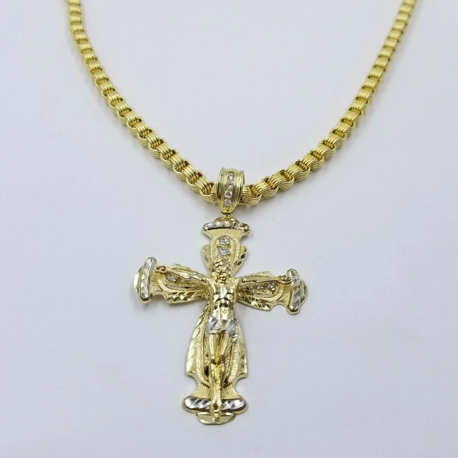 10k Gold Jesus Cross Charm Byzantine Chain 24" Necklace Real 10k Yellow Gold SET - Image 2