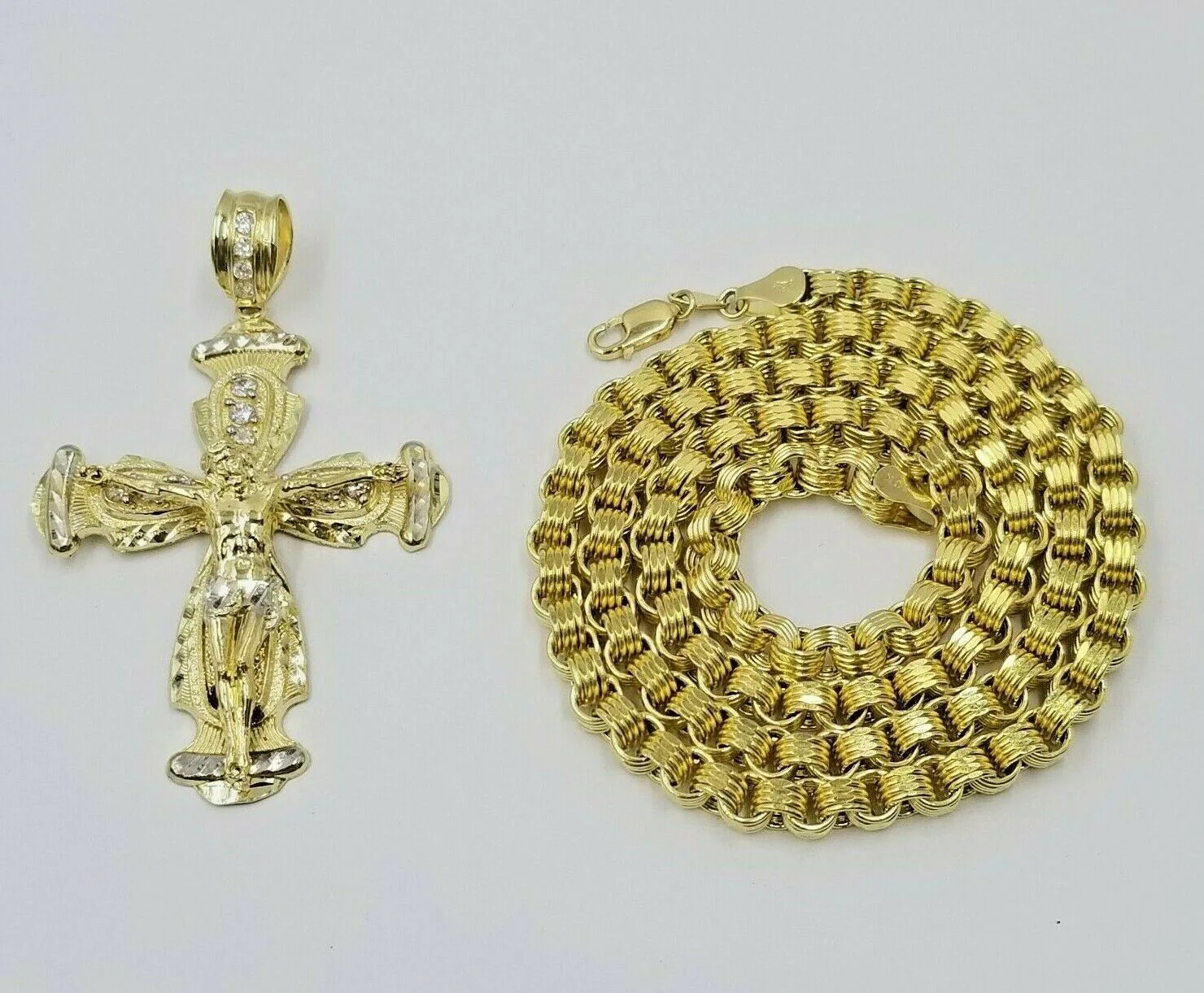 10k Gold Jesus Cross Charm Byzantine Chain 24" Necklace Real 10k Yellow Gold SET - Image 3